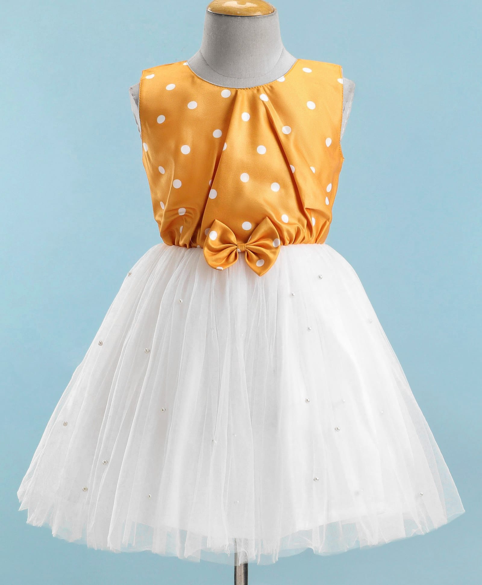 Enfance Sleeveless Polka Dots Printed Pearl Embellished & Floral Applique Detailed Knee Length Dress - Yellow-picture-18