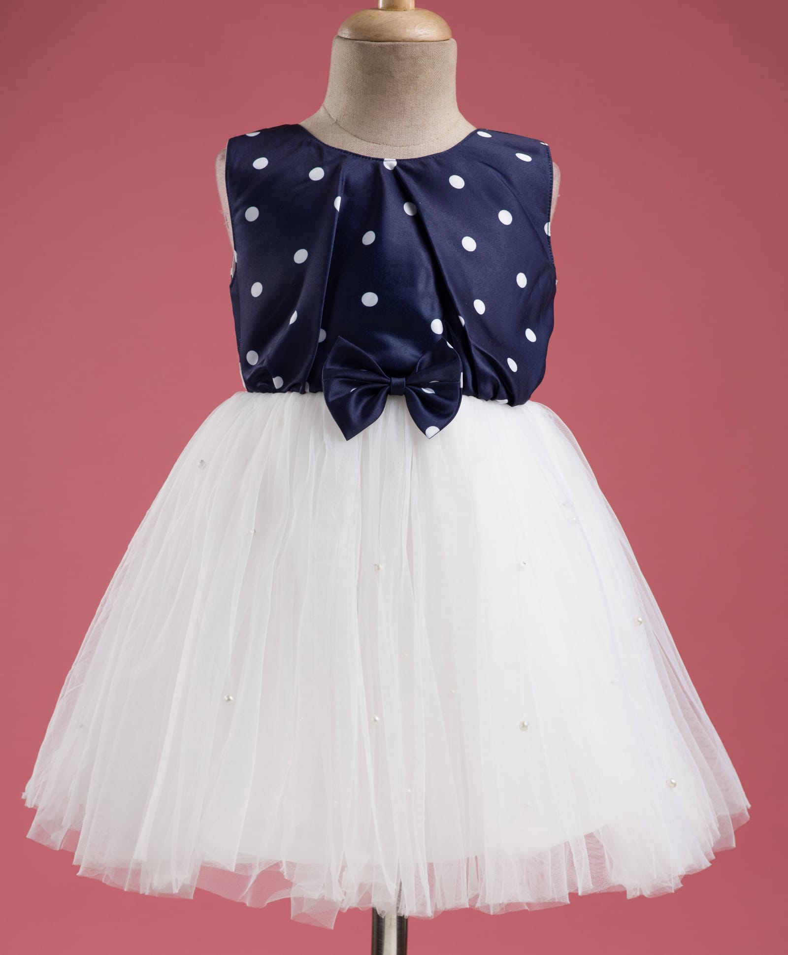 Enfance Sleeveless Polka Dots Printed Pearl Embellished & Floral Applique Detailed Knee Length Dress - Navy Blue-image-34
