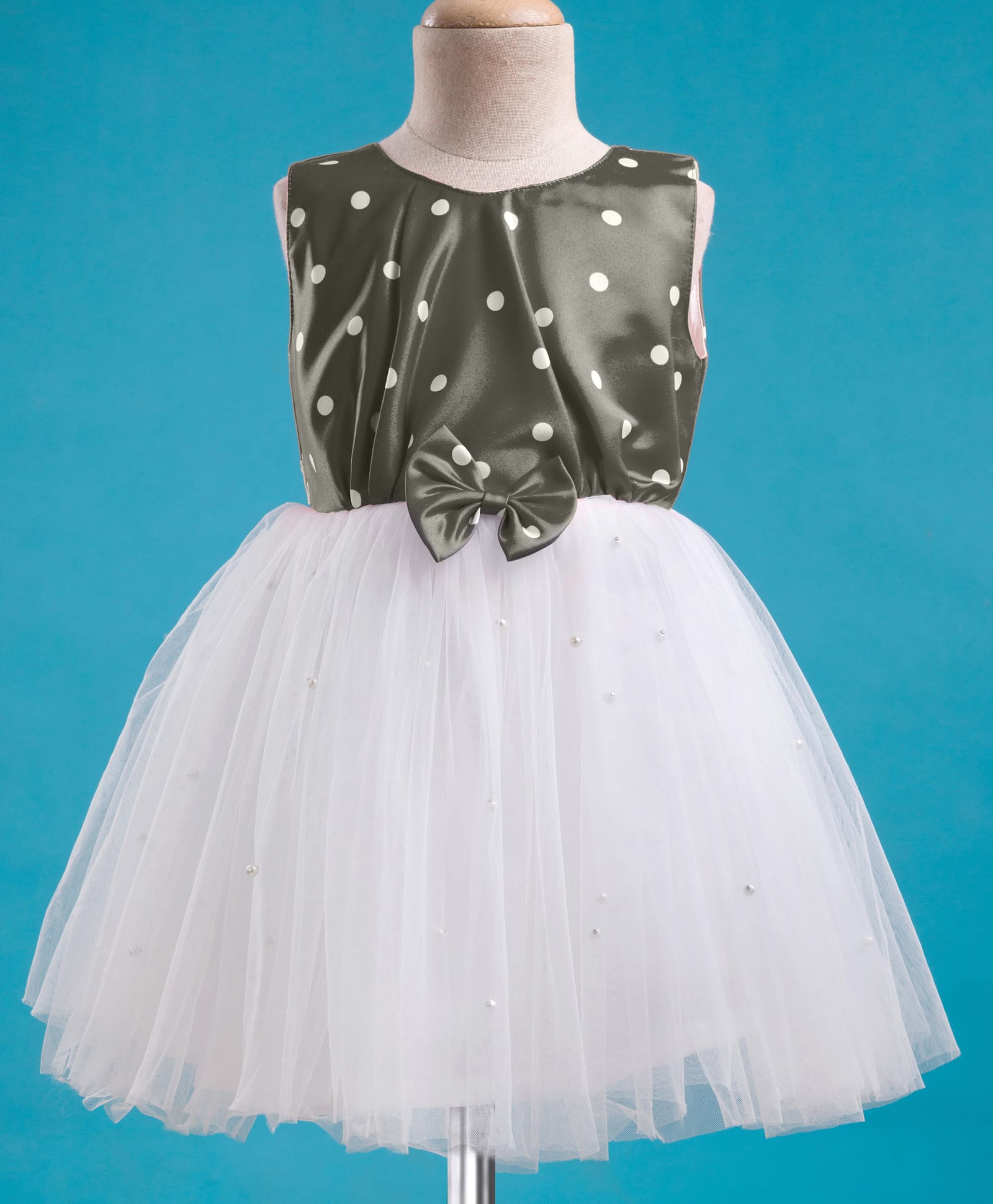 Enfance Sleeveless Polka Dots Printed Pearl Embellished & Floral Applique Detailed Knee Length Dress - Olive Green-picture-8