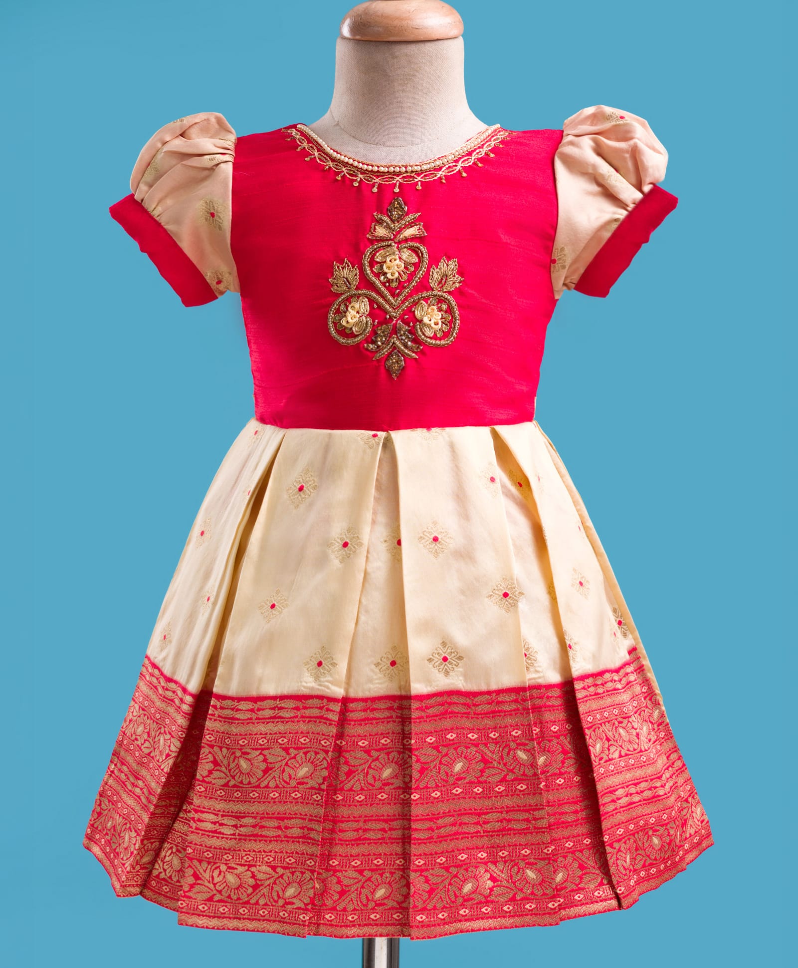 Enfance Half Puffed Sleeves Ethnic Embroidered Beads & Gota Lace Embellished Knee Length Pattu Pavadai Dress - Fawn-picture-17