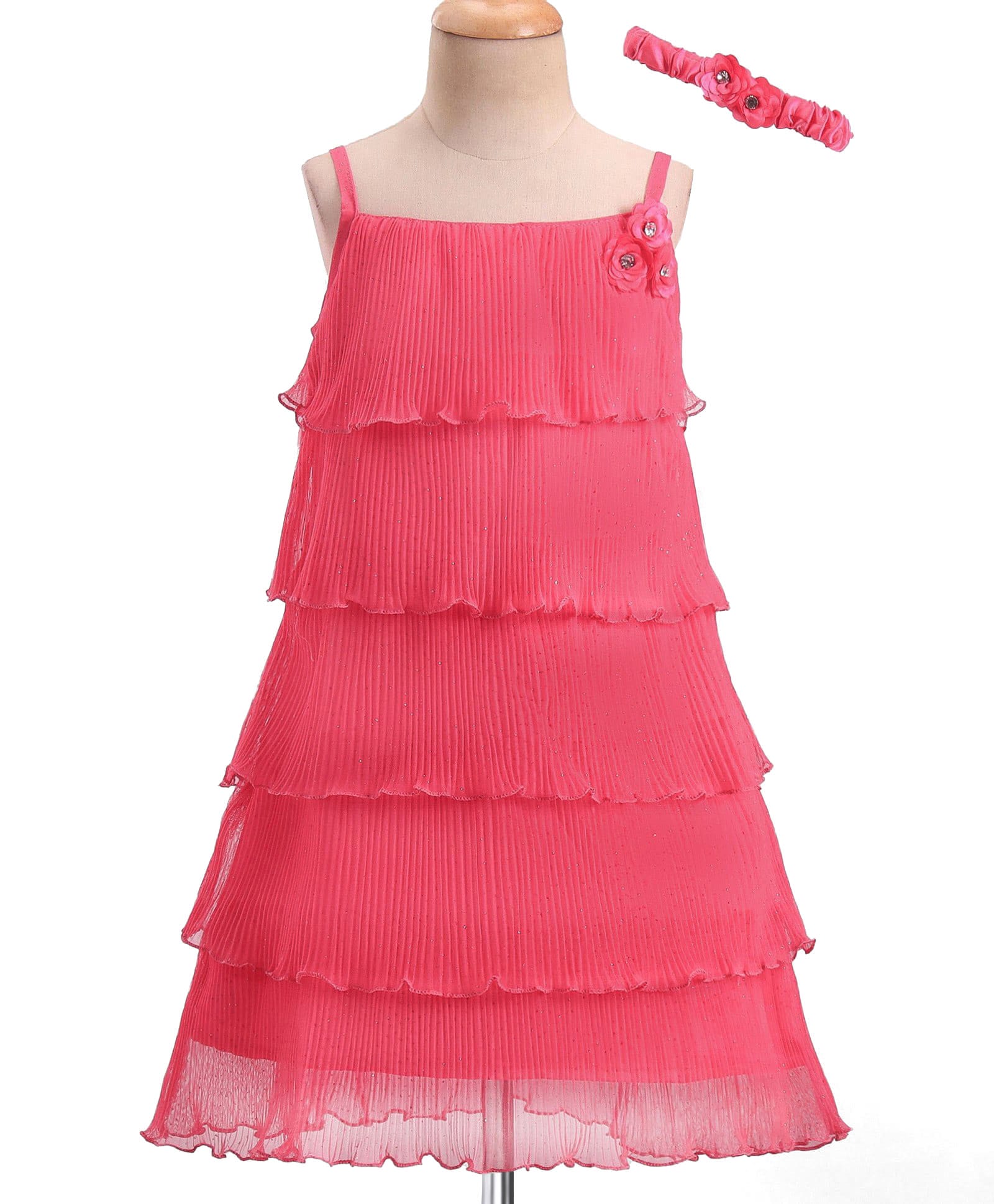 Enfance Sleeveless Glitter & Stone Embellished Floral Applique Detailed Knee Length Layered Dress With Headband - Dark Pink-picture-49