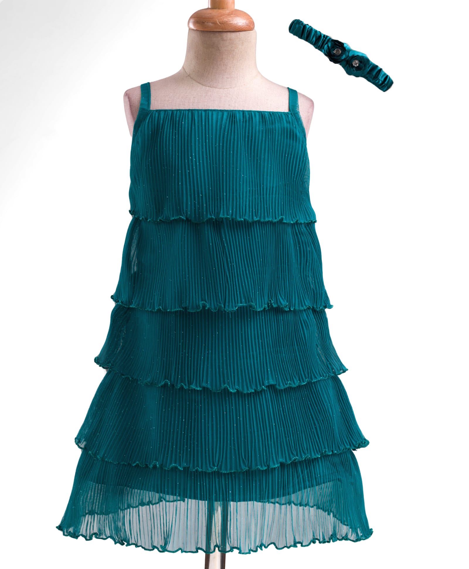Enfance Sleeveless Glitter & Stone Embellished Floral Applique Detailed Knee Length Layered Dress With Headband - Green-picture-46