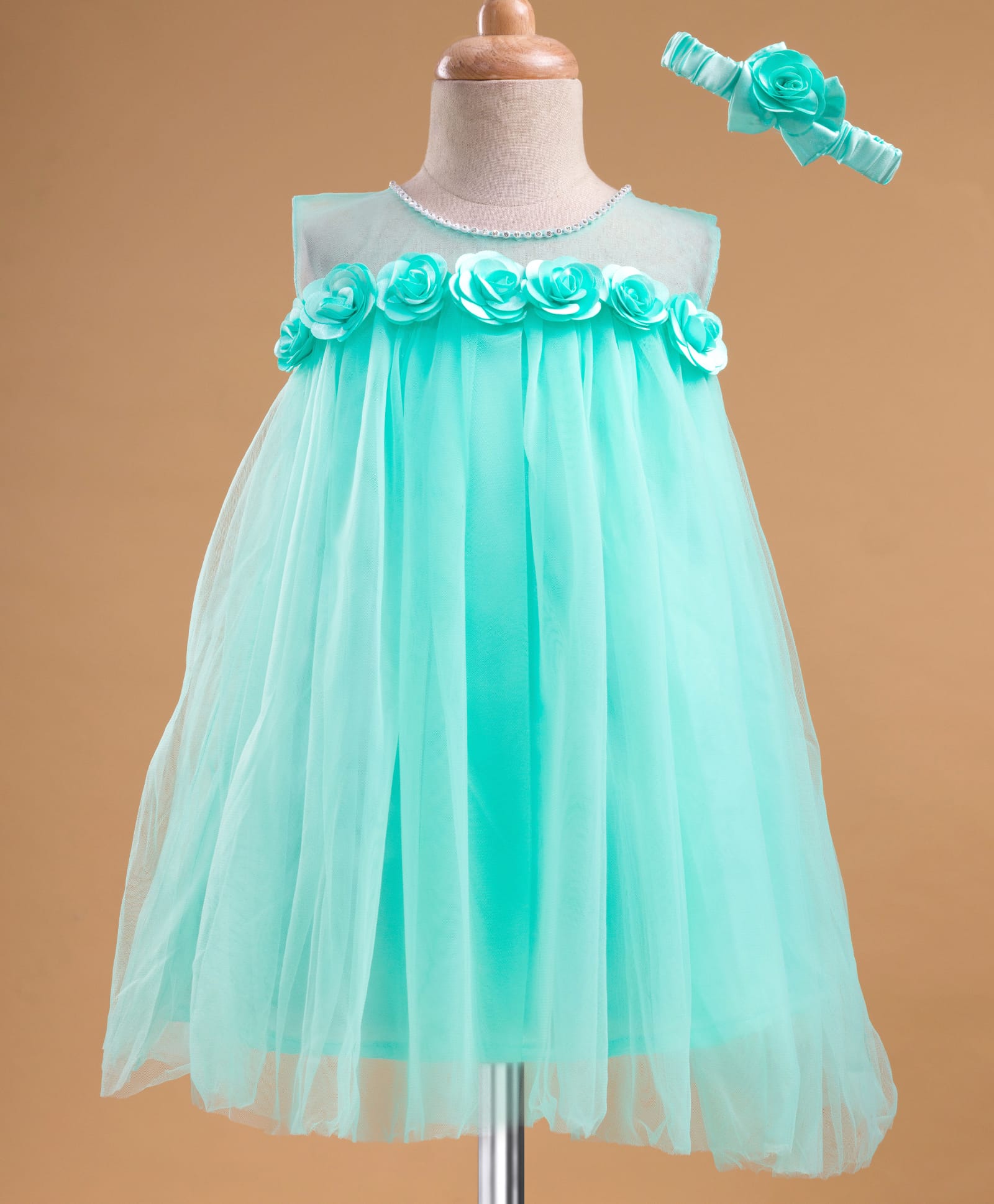 Enfance Sleeveless Floral Applique Detailed Knee Length Dress With Headband - Sea Green-picture-21