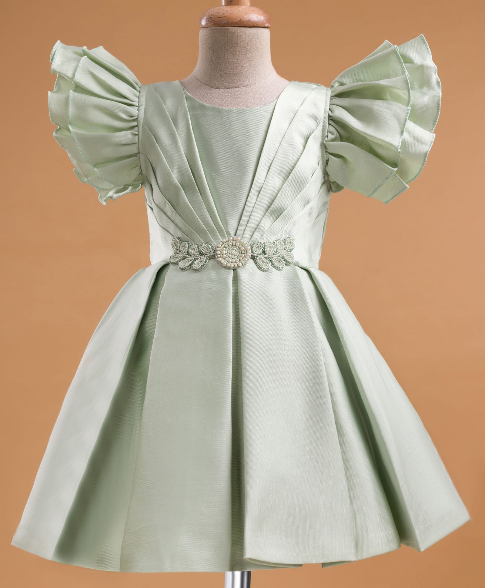 Enfance Half Frill Sleeves Floral Applique Detailed Knee Length Pleated Dress - Pista-picture-3
