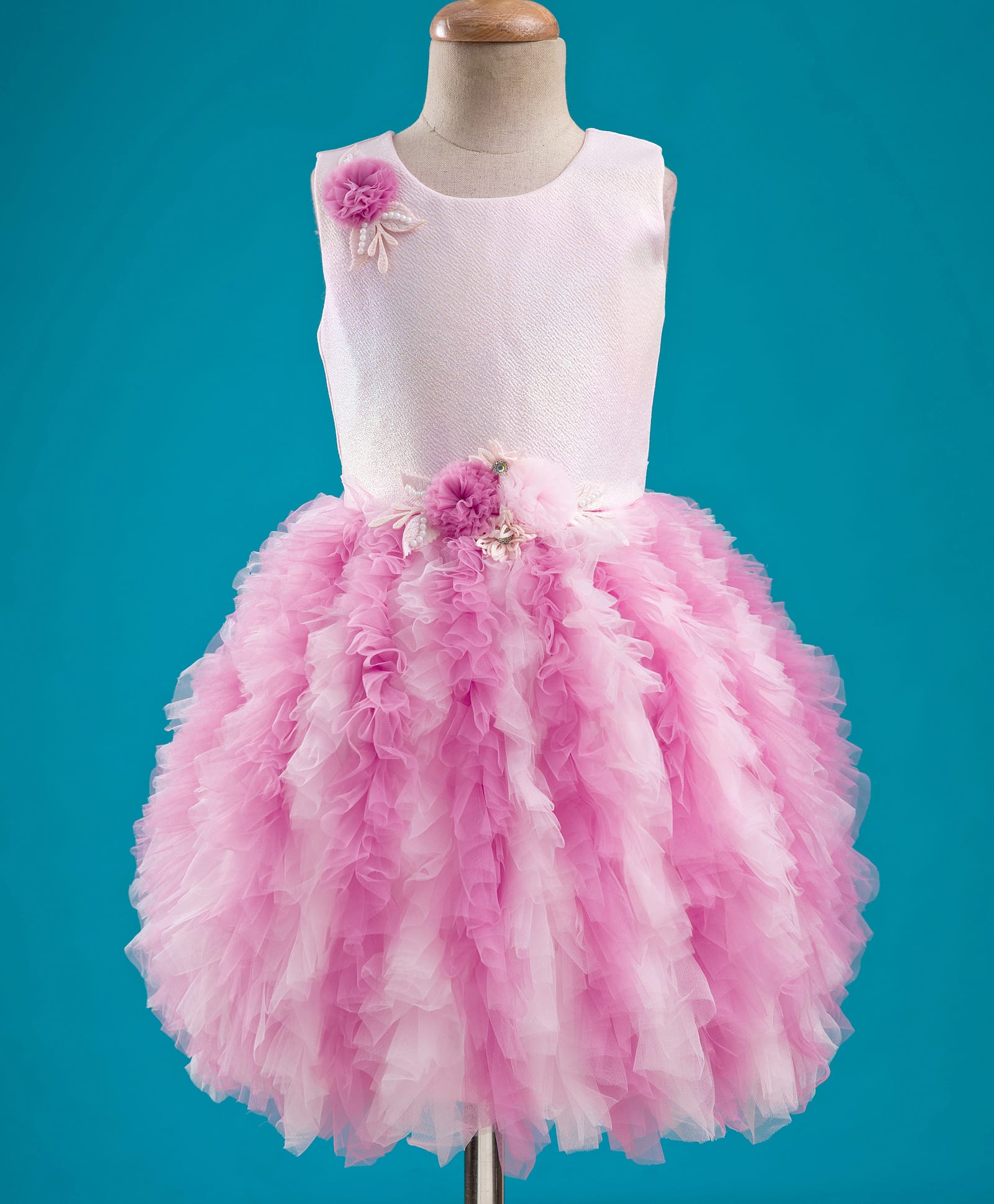 Enfance Sleeveless Pearl Embellished Floral Applique Detailed Knee Length Dress - Pink-picture-0