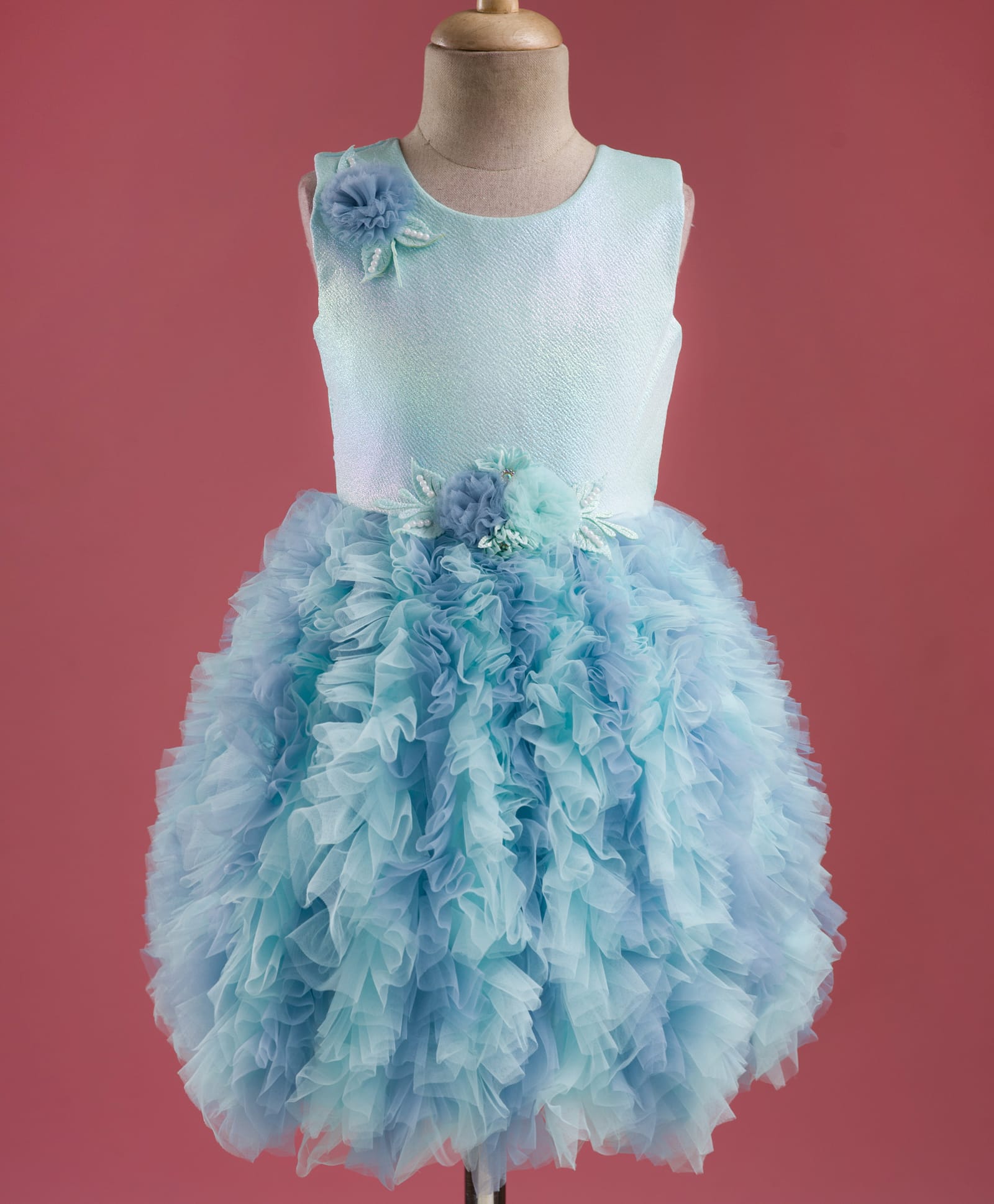 Enfance Sleeveless Beads Embellished Floral Applique & Ruffle Detailed Knee Length Dress - Ferozi-image-23