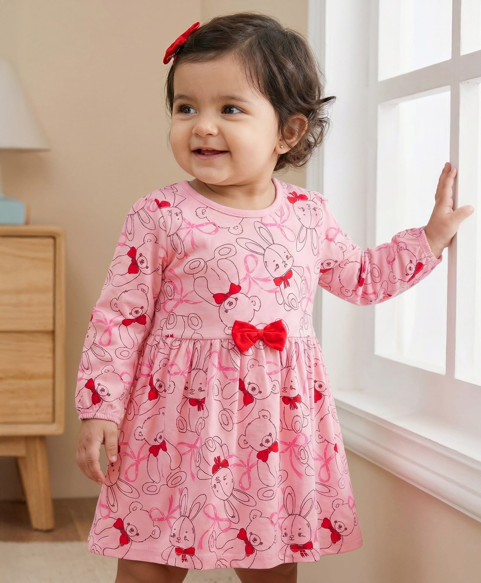 Doodle Poodle 100% Cotton Single Jersey Knit Full Sleeves Frock With Bunny & Teddy Bear Print - Pink-image-11