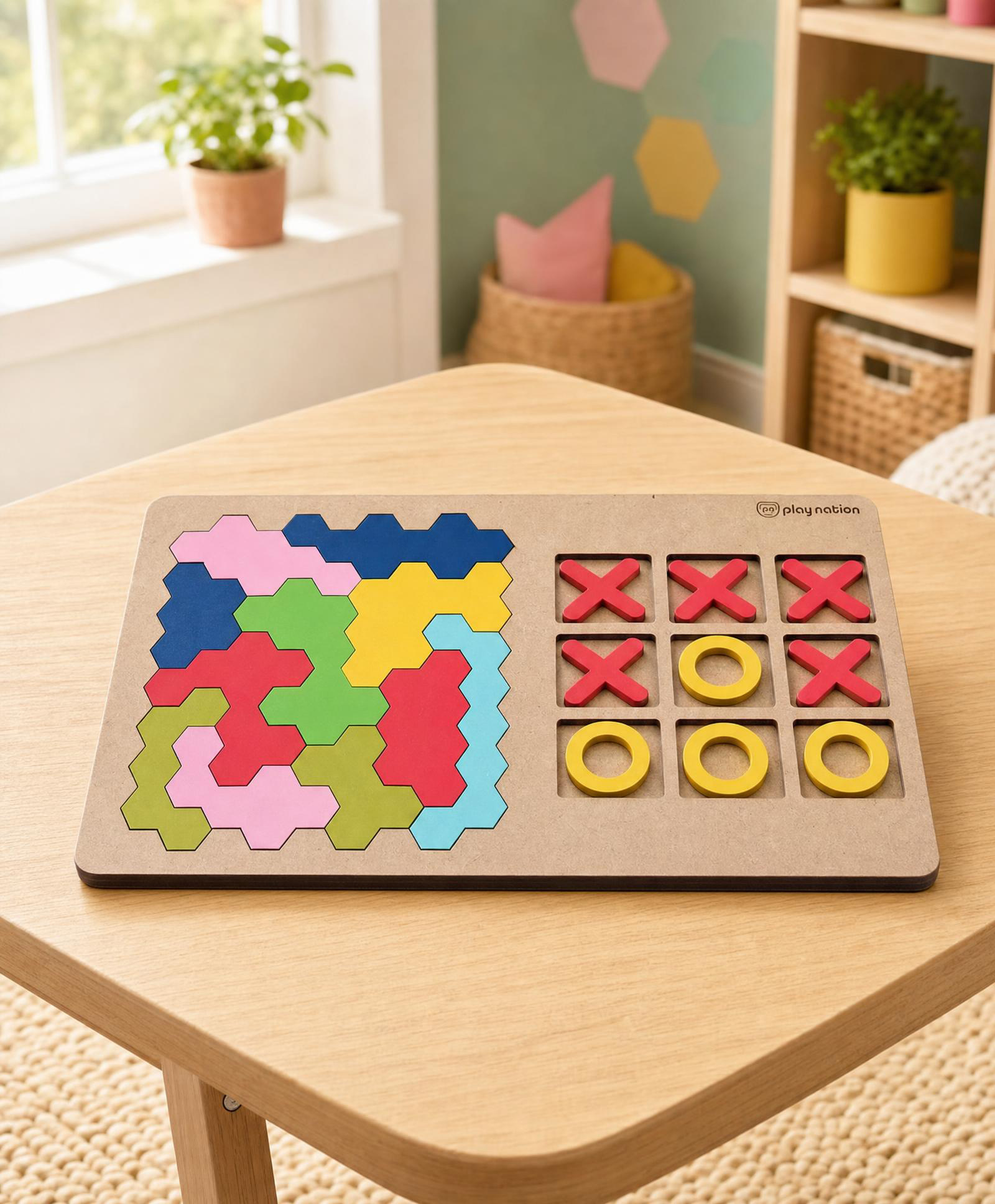 Play Nation 2-in-1 Wooden Hexagon Jigsaw Puzzle & Tic-Tac-Toe Game Set| Colorful Geometric Brain Teaser| Educational Strategy Game for Kids & Family| Logical Thinking| BIS Certified| Party & Play Date-picture-30
