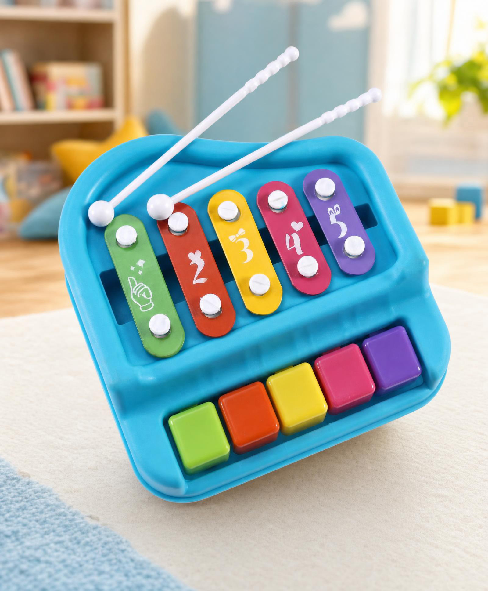 Play Nation 2-in-1 Musical Xylophone Piano with 5 Colorful Keys - Blue| Sound Recognition|Auditory Development| Creative Rhythmic Learning Activity| Gifting Set for 3+ Years Boys & Girls|BIS Certified-picture-32