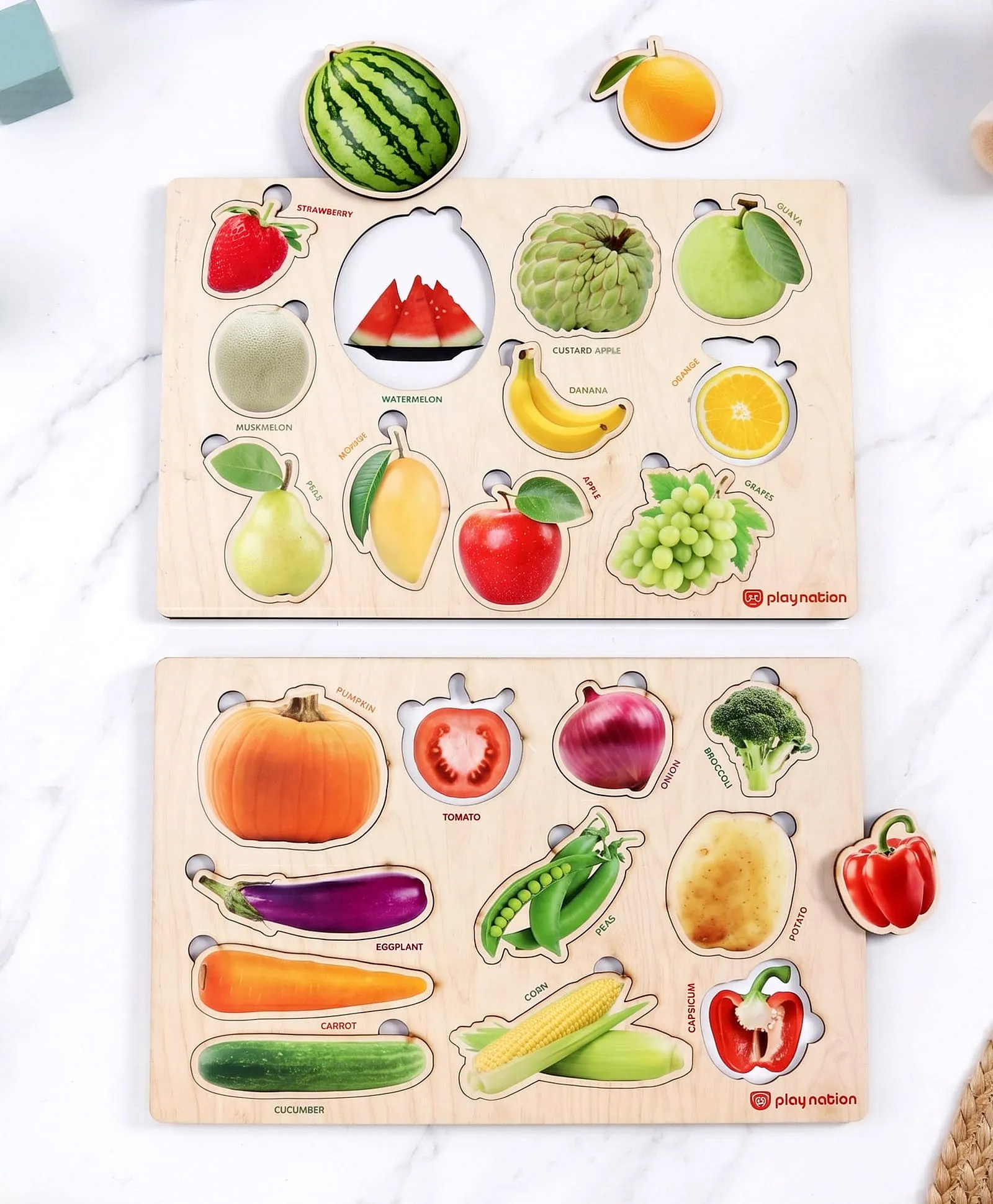 Play Nation 2-in-1 Wooden Puzzle Pack of 2 for Kids| Fruit & Vegetables| Montessori Learning| Boosts Vocabulary| Basic Vocabulary| Gifting for 3+ Years Boys & Girls| BIS Certified-image-34