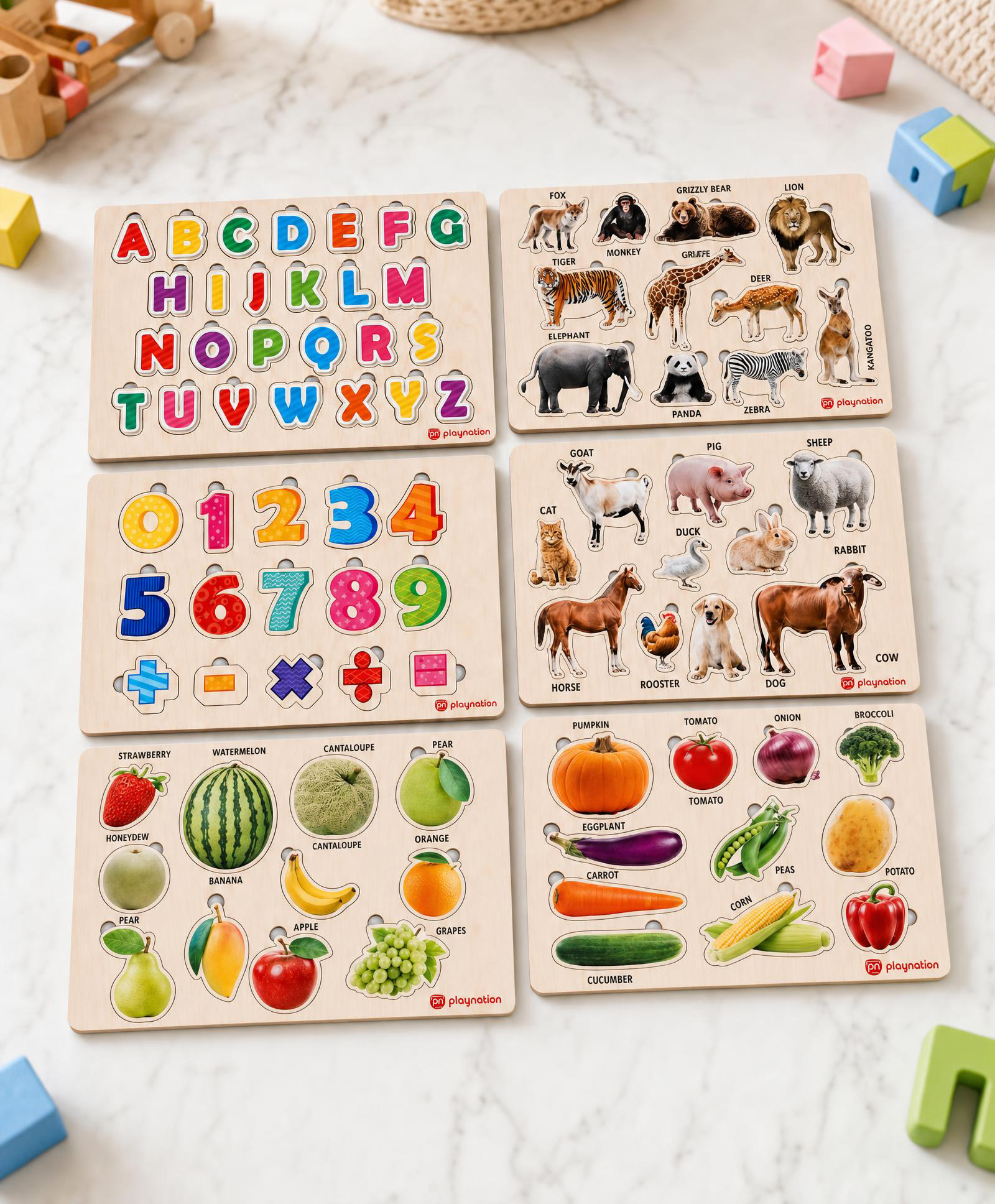 Play Nation 2-in-1 Wooden Puzzle Pack of 6 for Kids| Domestic & Wild Animals, Fruit & Vegetables, Numbers and Alphabets| Montessori Learning| Boosts Vocabulary | Gifting for 3+ Years| BIS Certified-picture-48