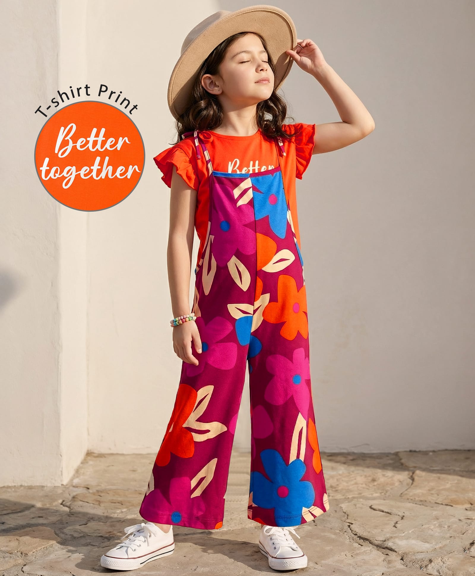 OLLINGTON ST. Cotton Knit Floral Printed Dungaree with Frill Sleeves Inner Tee Set - Multicoolour & Orange-image-29