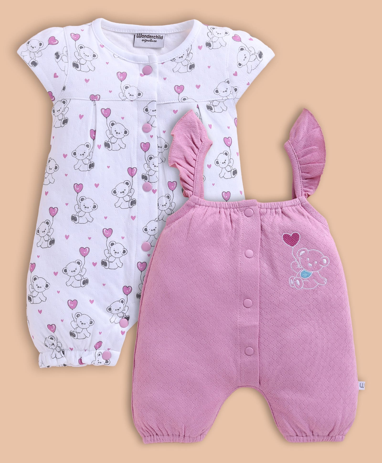 Wonderchild Pack Of 2 Sleeveless Teddy Bear Printed & Embroidered Rompers - White & Mud Pink-picture-20