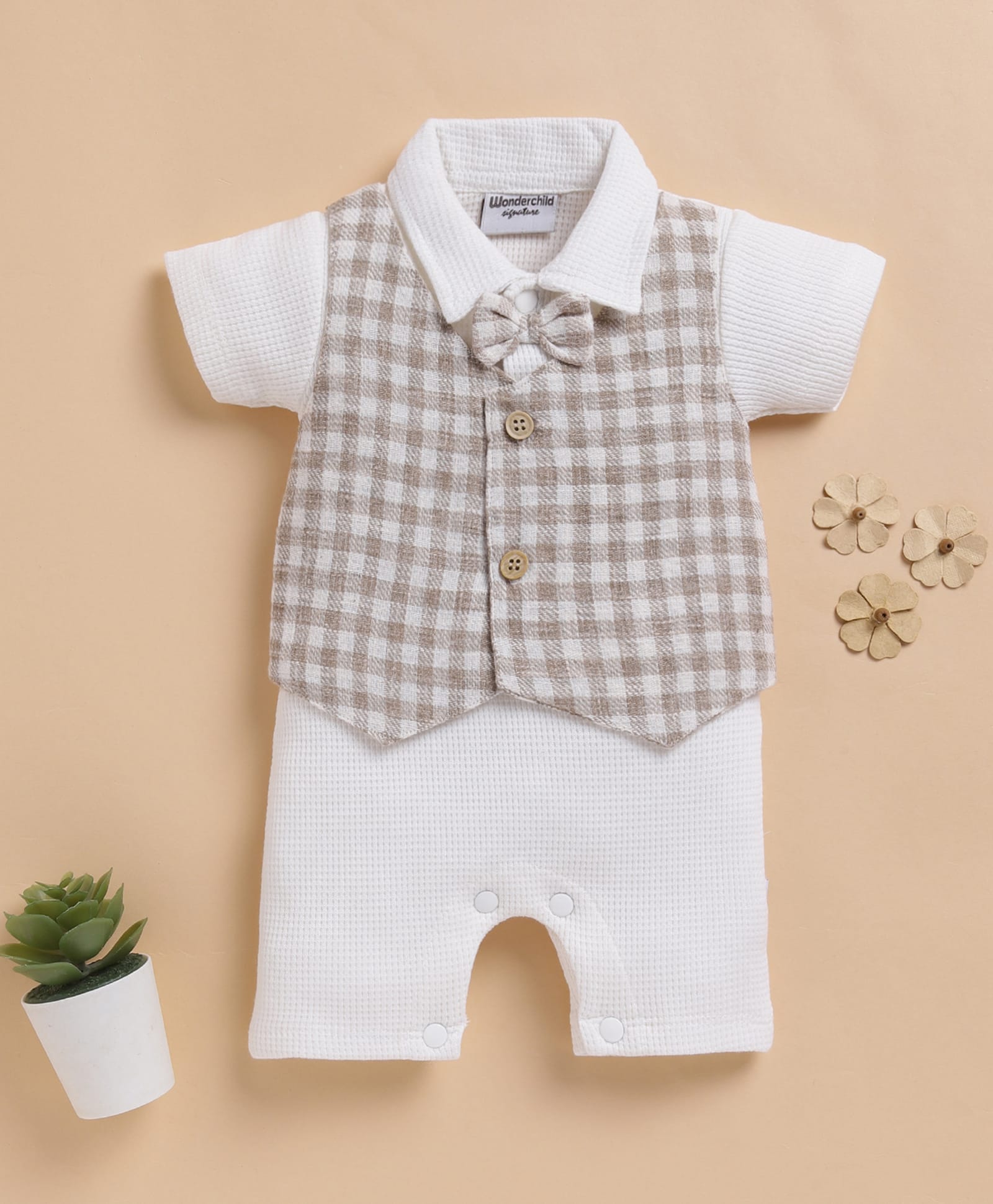 Wonderchild Half Sleeves Bow Applique Detailed & Attached Checked Waistcoat Romper - White-picture-10