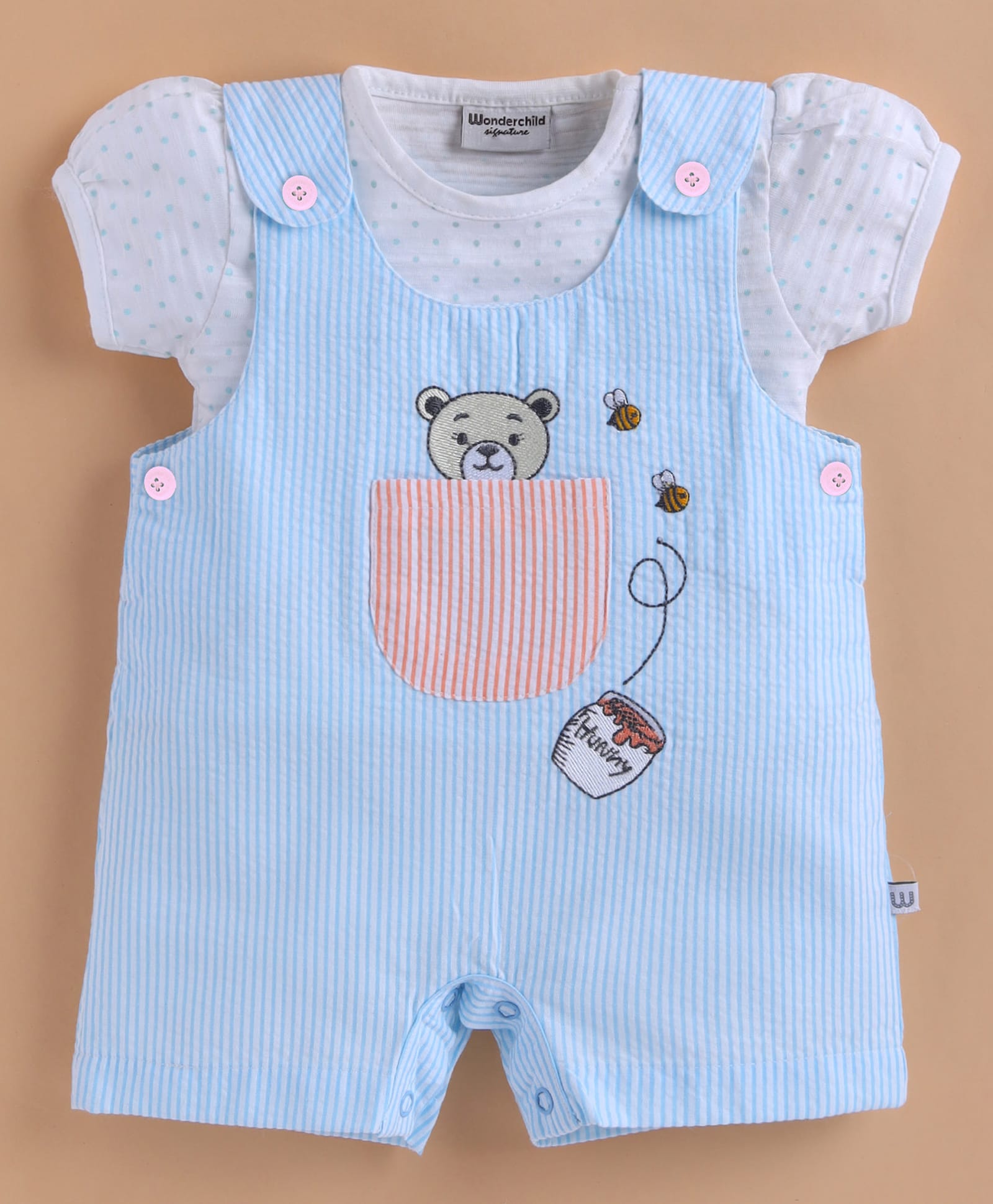 Wonderchild Striped & Teddy Bear Embroidered Dungaree With Half Puffed Sleeves Polka Dots Printed Tee - White & Sky Blue-picture-22