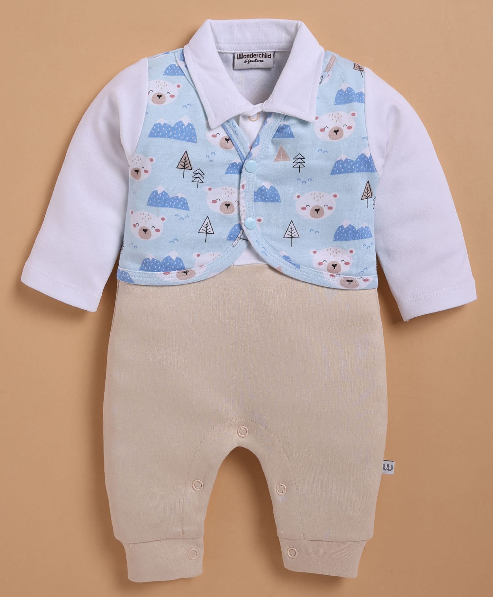 Wonderchild Full Sleeves Colour Blocked Romper With Polar Bear Printed Attached Waistcoat - Sky Blue & Fawn-image-2