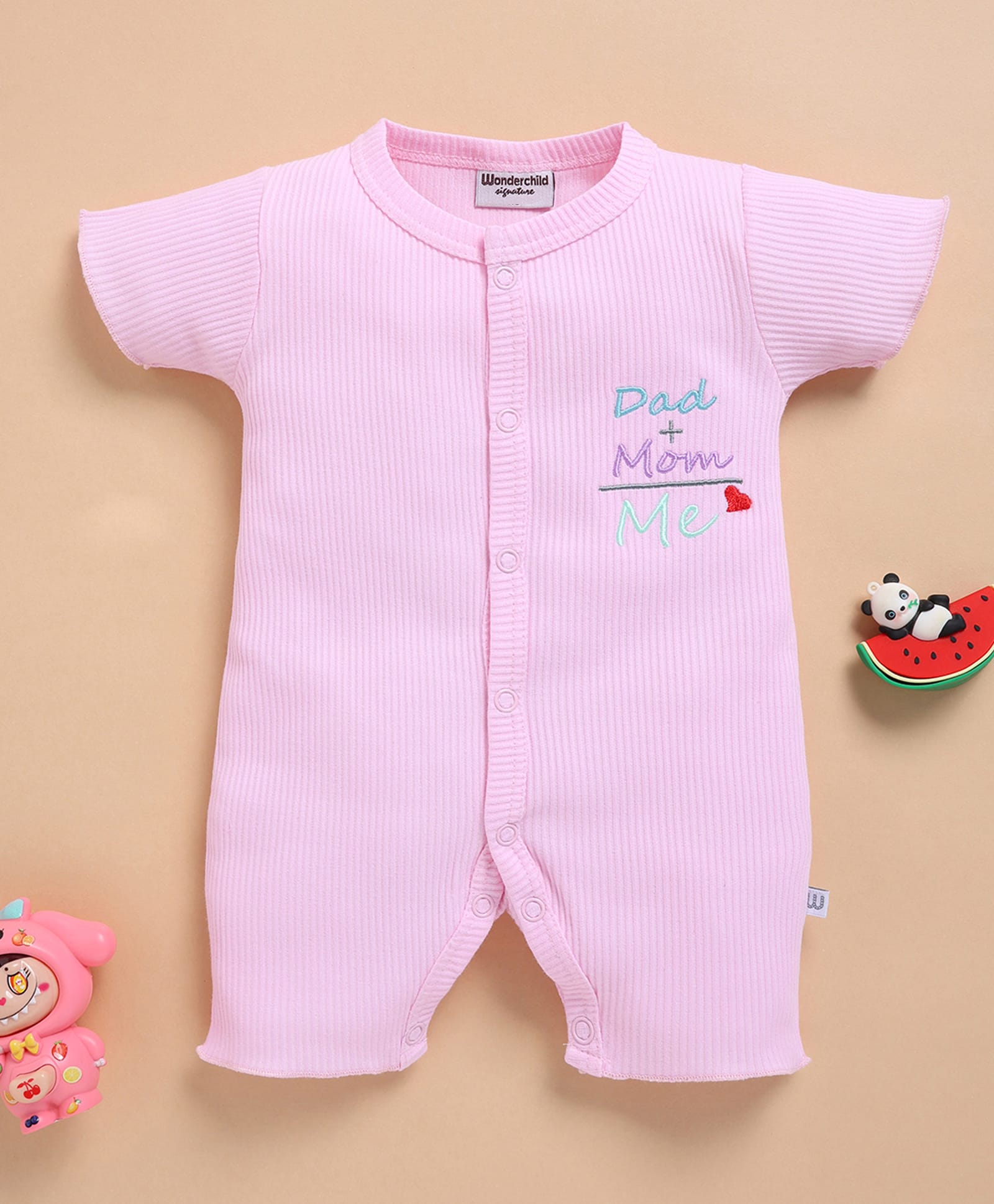 Wonderchild Half Sleeves Dad Mom Me Text Embroidered Romper - Pink-image-29