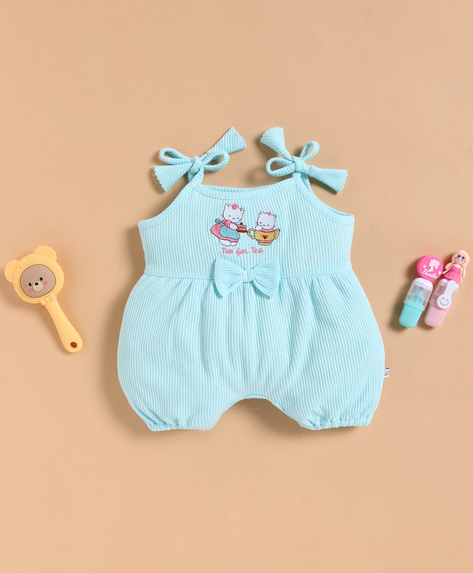 Wonderchild Sleeveless Cats Embroidered Bow Applique Detailed & Striped Romper - Blue-image-30