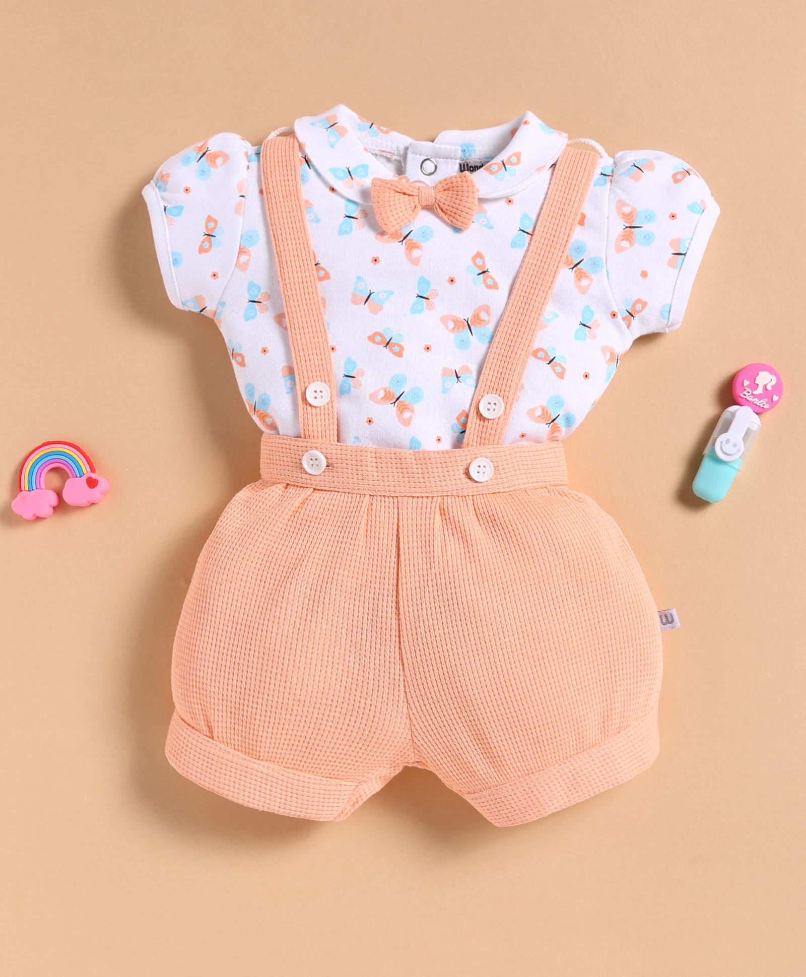Wonderchild Half Puffed Sleeves Bow Applique Detailed Butterfly Printed Tee With Gallice Shorts Set - White & Peach-image-38