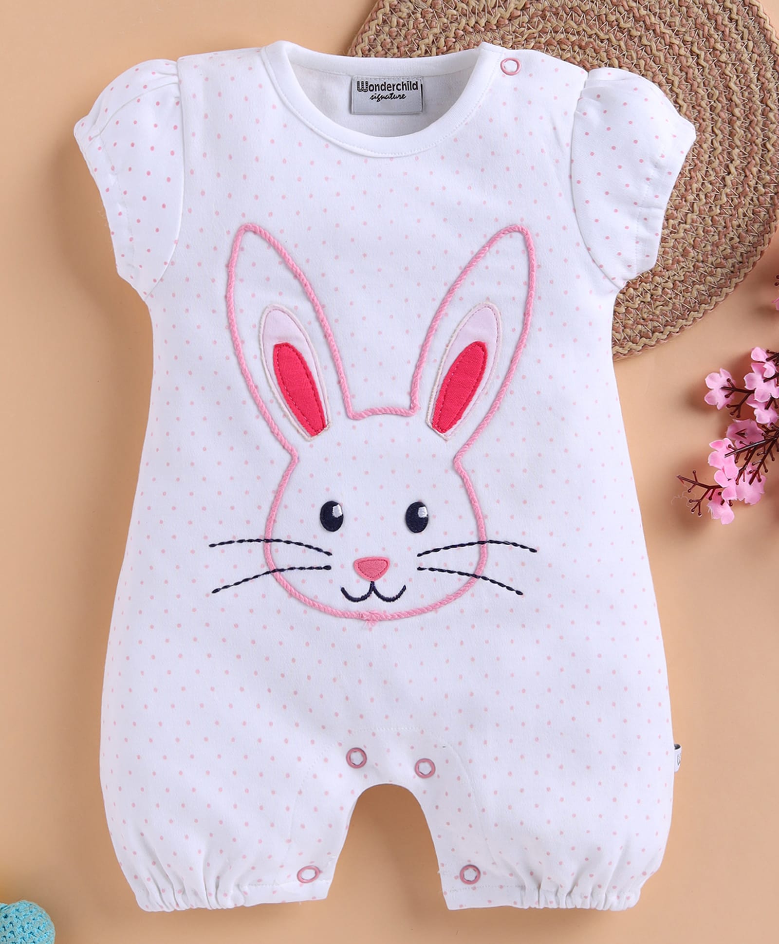 Wonderchild Half Sleeves Beads Embellished Bunny Applique Detailed Romper - White-image-24