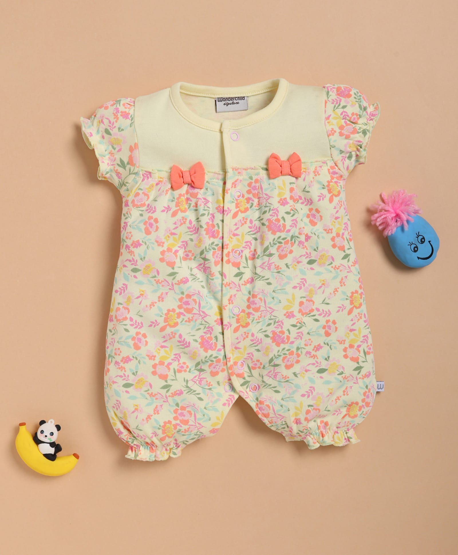 Wonderchild Half Sleeves Floral Printed Bow Applique Detailed Romper - Light Lemon-image-32