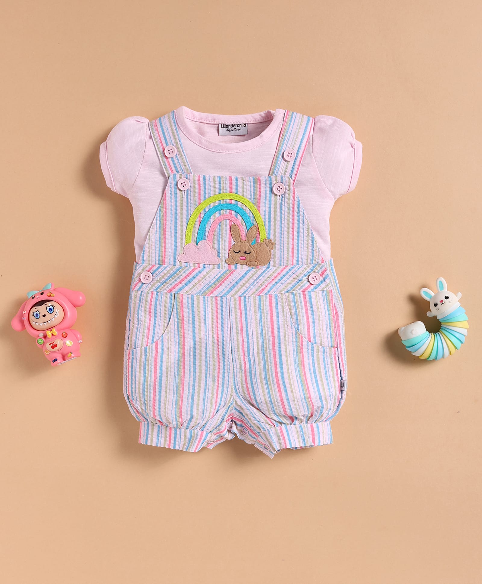 Wonderchild Half Puffed Sleeves Solid Top With Striped Bunny & Rainbow Embroidered Dungaree - White & Multi Colour-image-47
