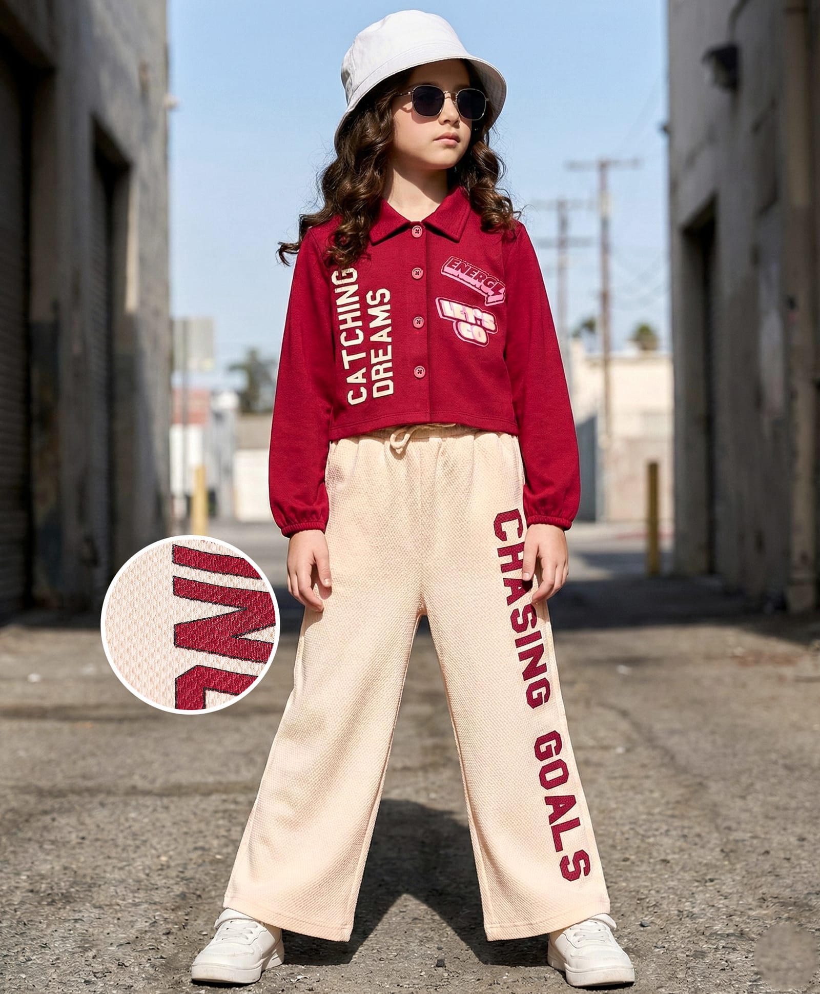 OLLINGTON ST. Sinker Knit Full Sleeves Shirt Top With Bottom Set - Maroon & Beige-image-6