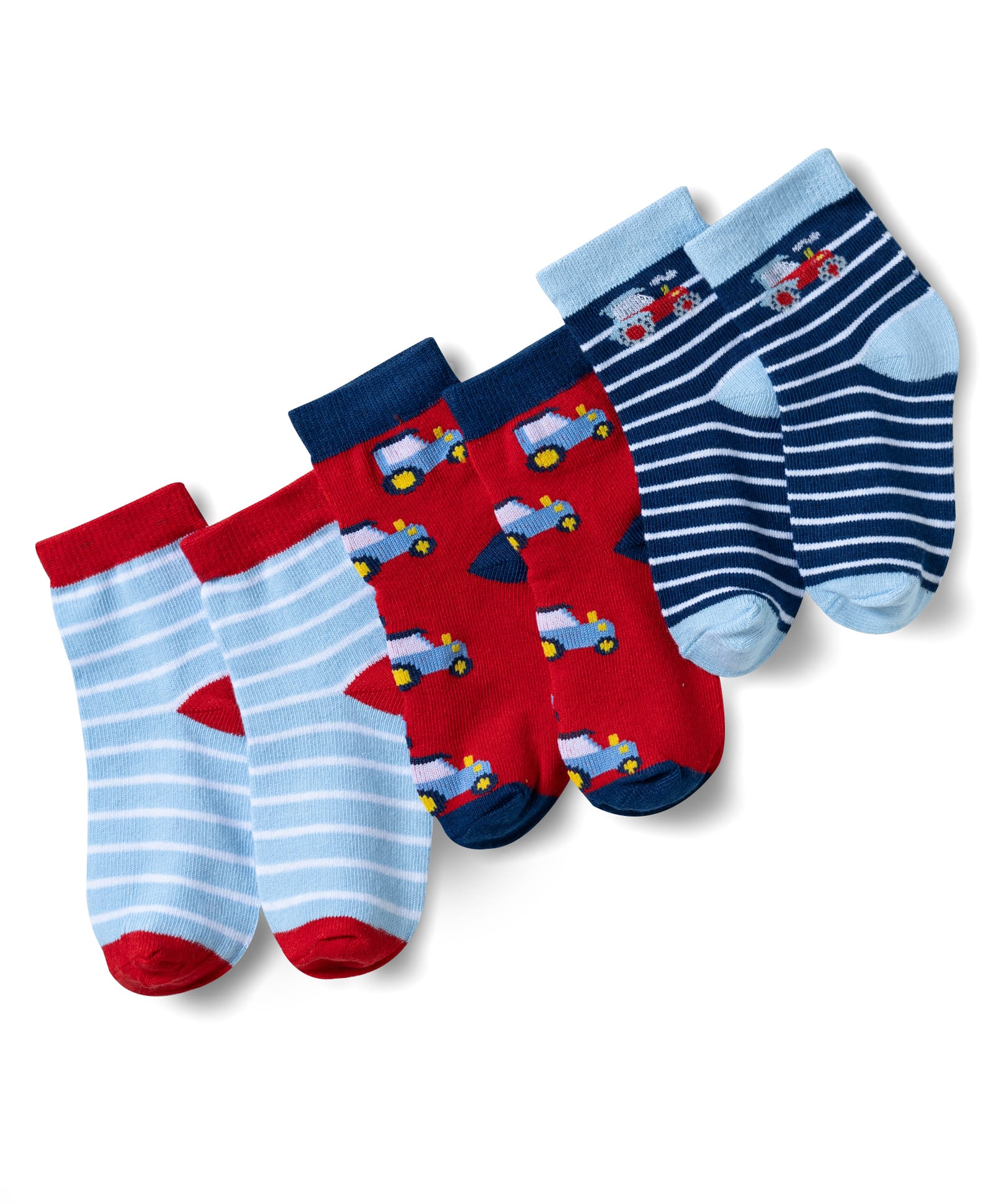 Doodle Poodle Cotton Knit Terry Ankle Length Socks with Striped & Car Design Pack of 3 - Red & Navy-image-41