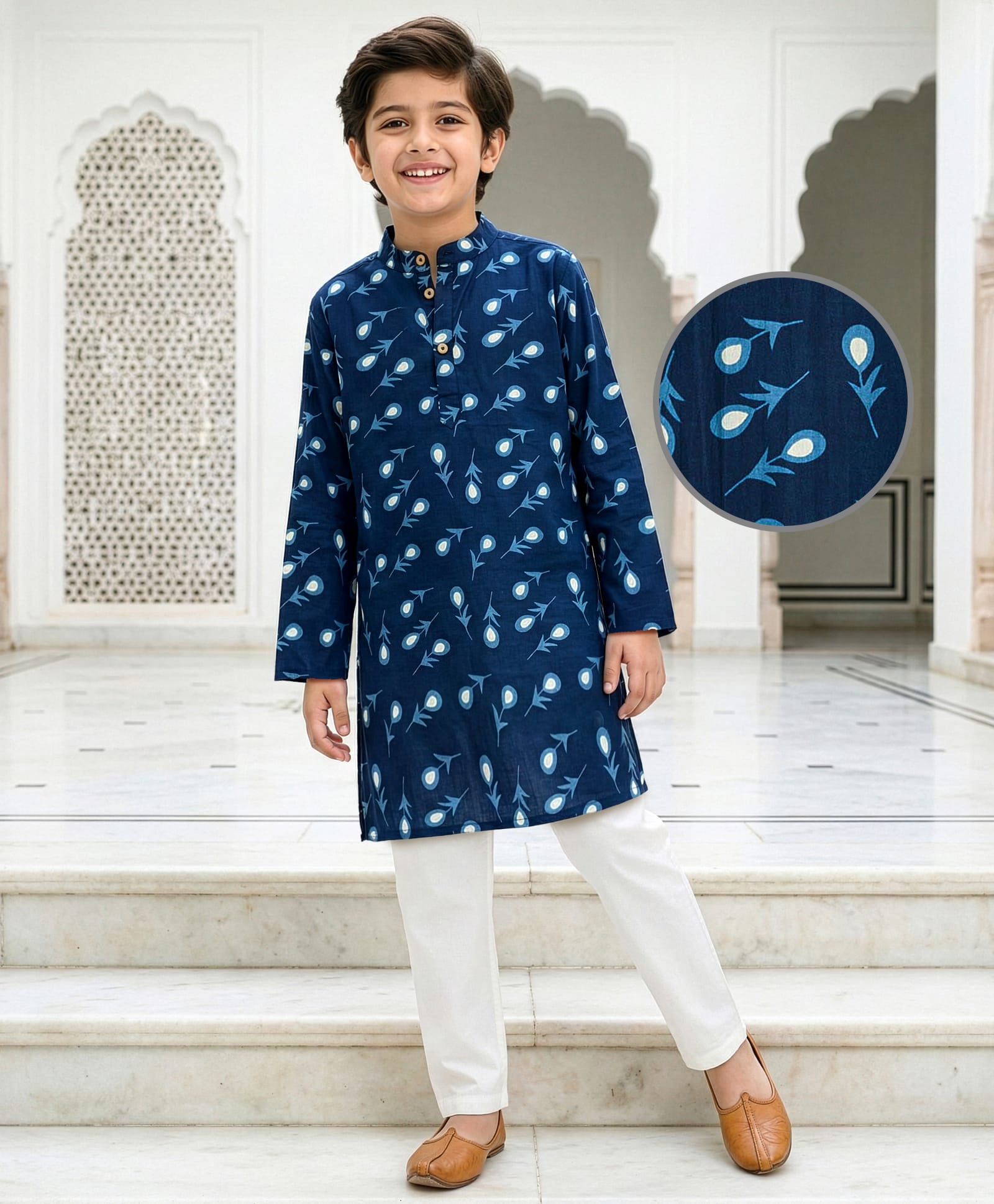 Pine Kids Cotton Woven Full Sleeves Kurta & Pyjama Set With Floral Print - Navy Blue-picture-34