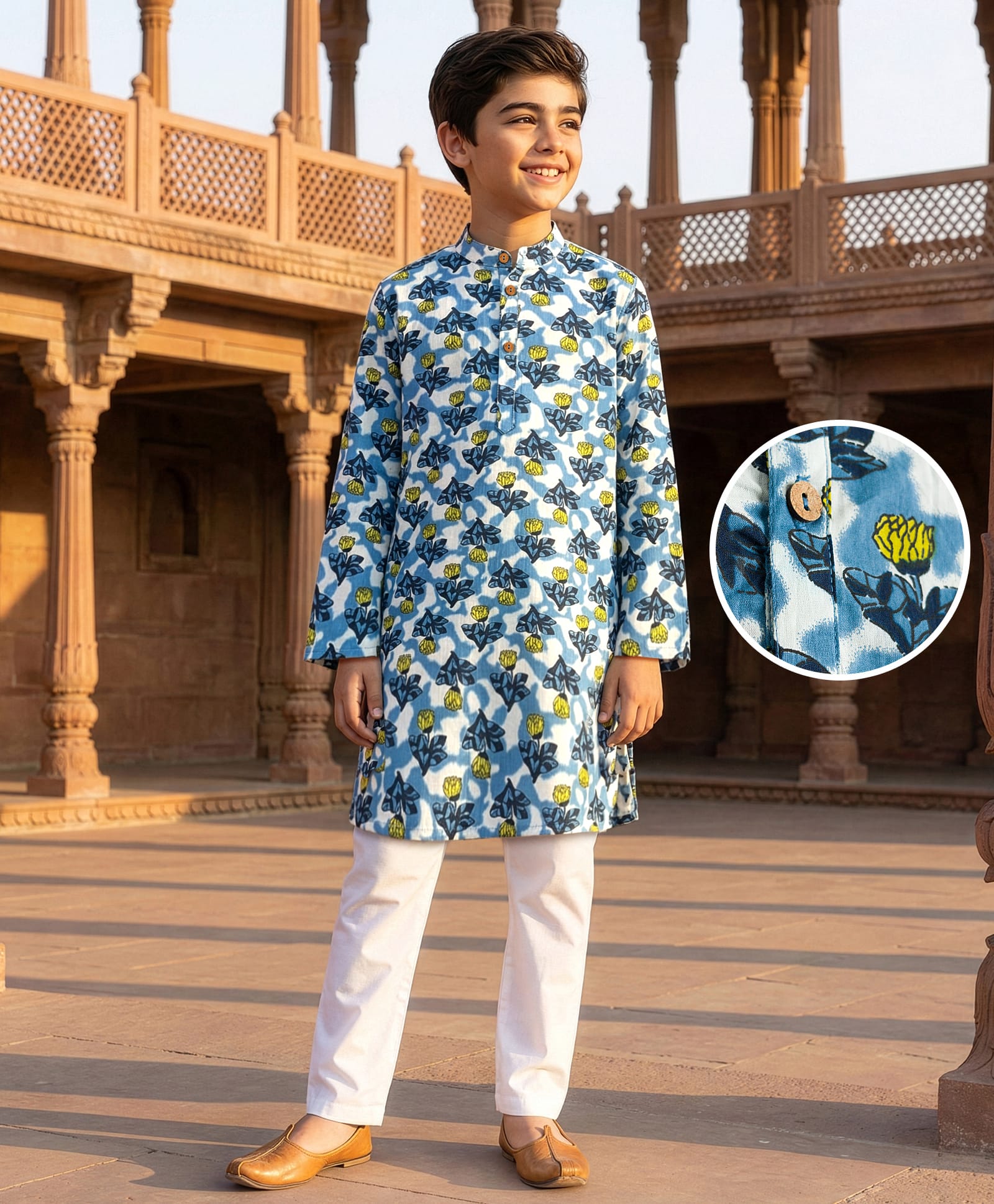 Pine Kids Cotton Woven Full Sleeves Kurta Pyjama Set With Floral Print - White-picture-21