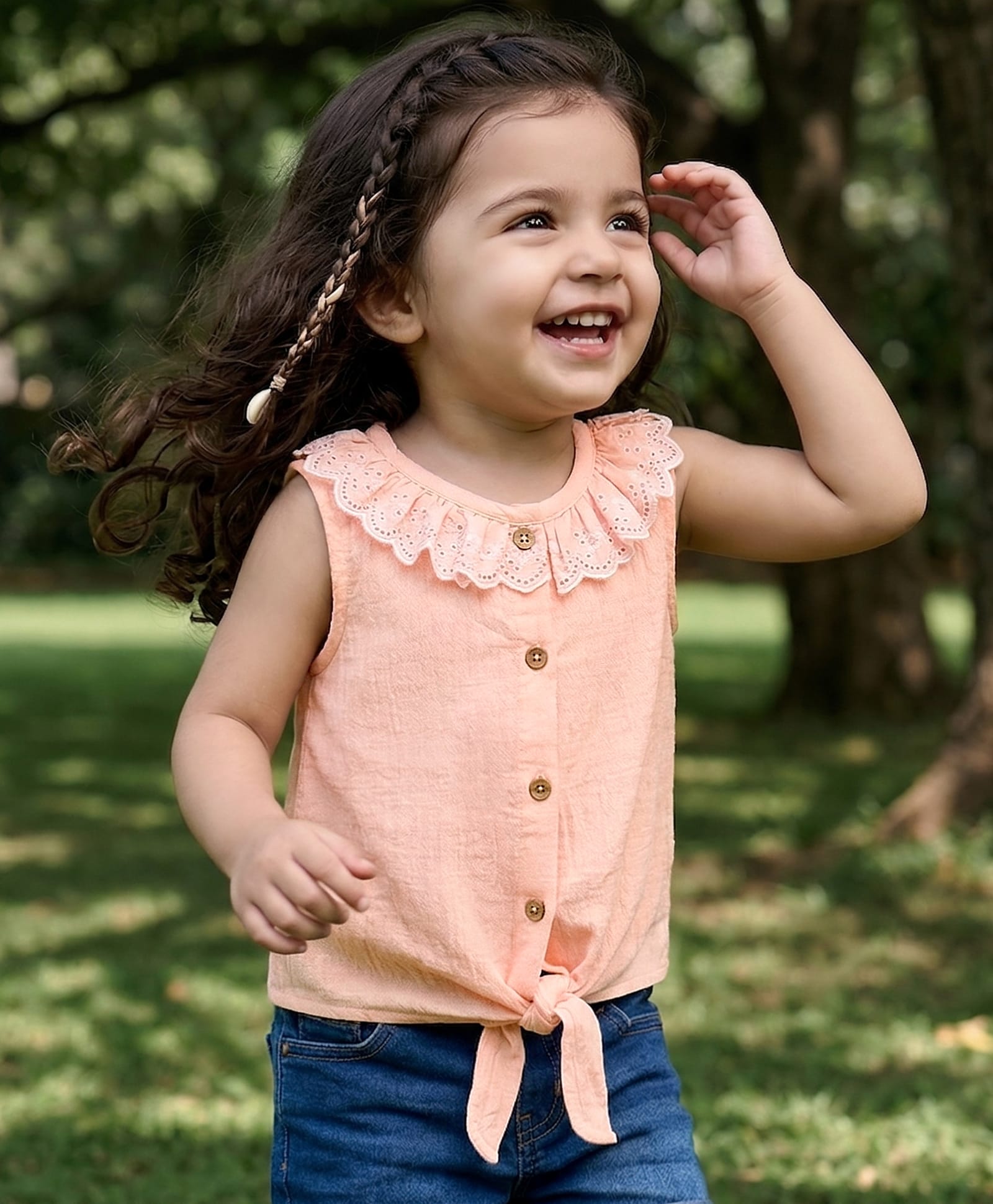 Babyhug Cotton Woven Top Sleeveless with Schiffli Detailing PEACH 4-5 Years