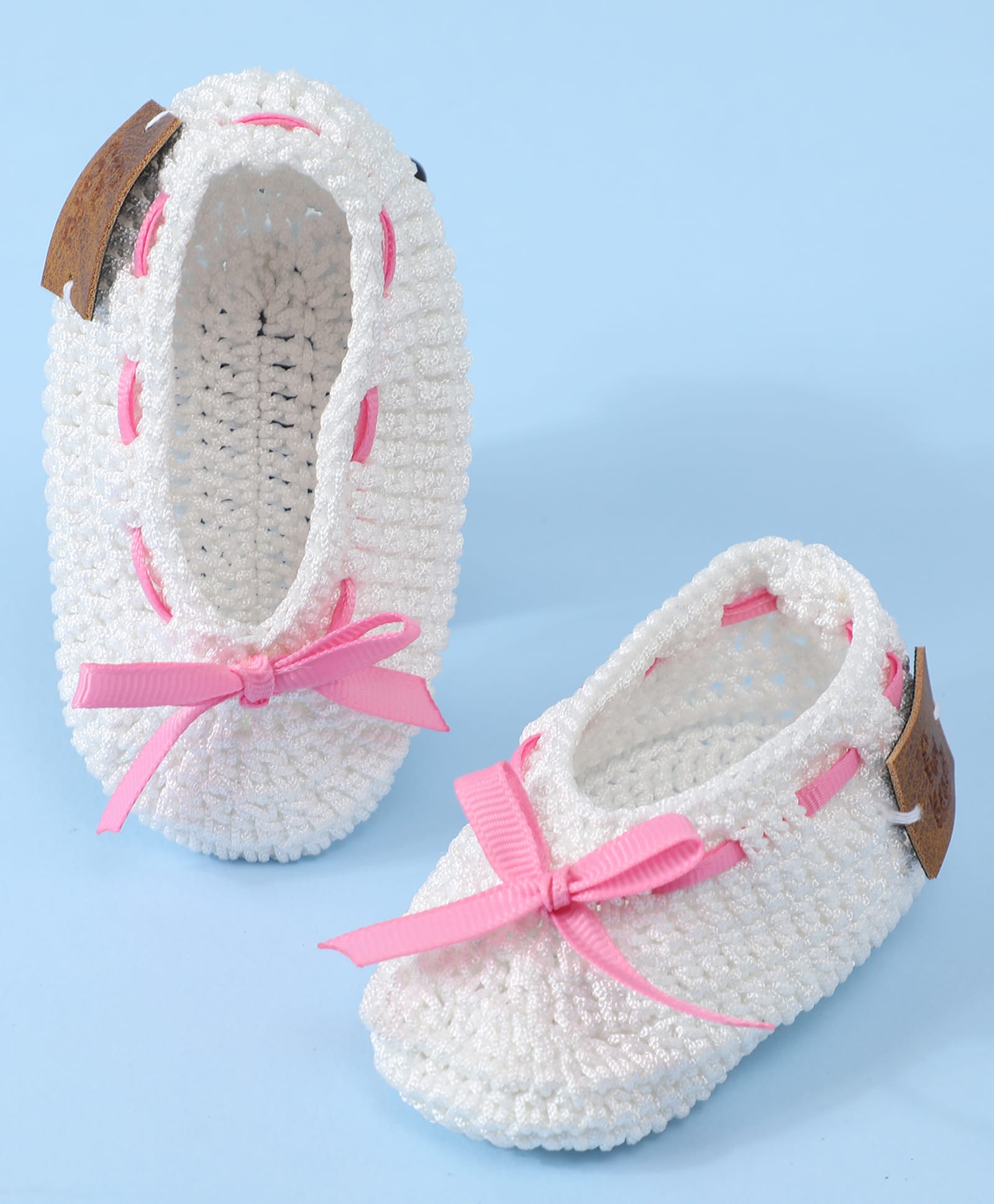Funkrafts Ribbon Detailed Handmade Crochet Booties - White & Pink-picture-18