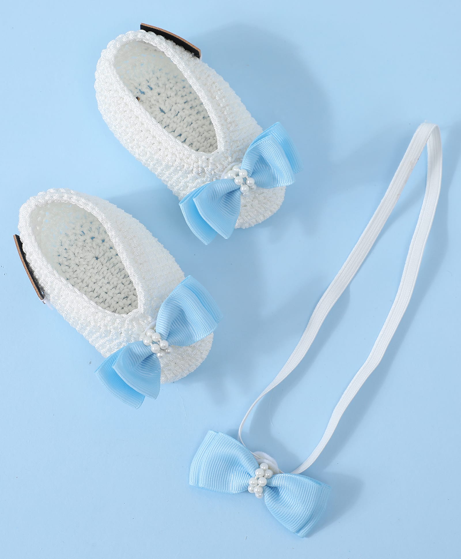 Funkrafts Bow Applique Detailed Handmade Crochet Booties With Headband - White & Blue-picture-35