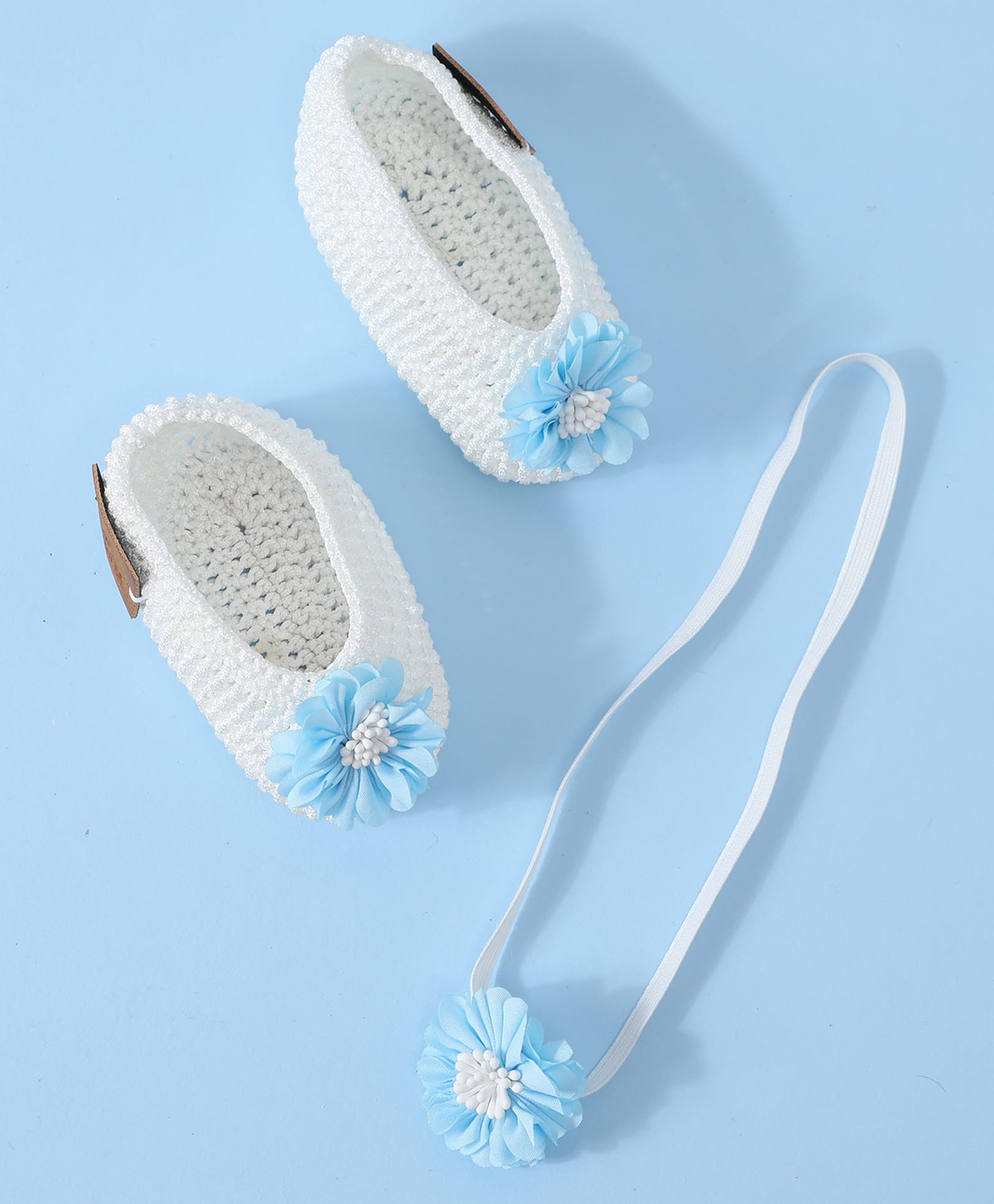 Funkrafts Floral Applique Detailed Handmade Crochet Booties With Headband - White & Blue-image-20