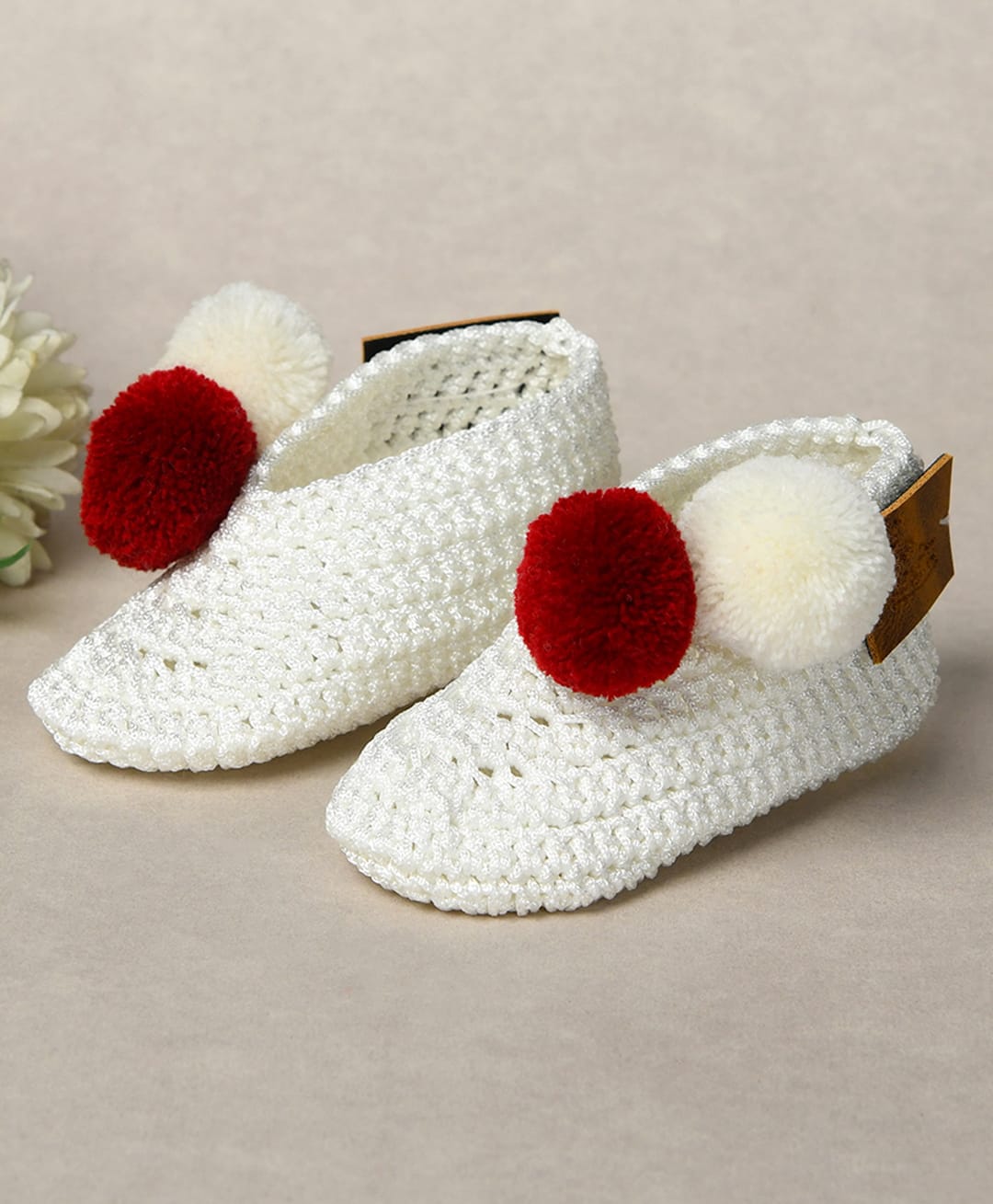 Funkrafts Pom Pom Embellished Crochet Handmade Booties - White & Red-picture-32