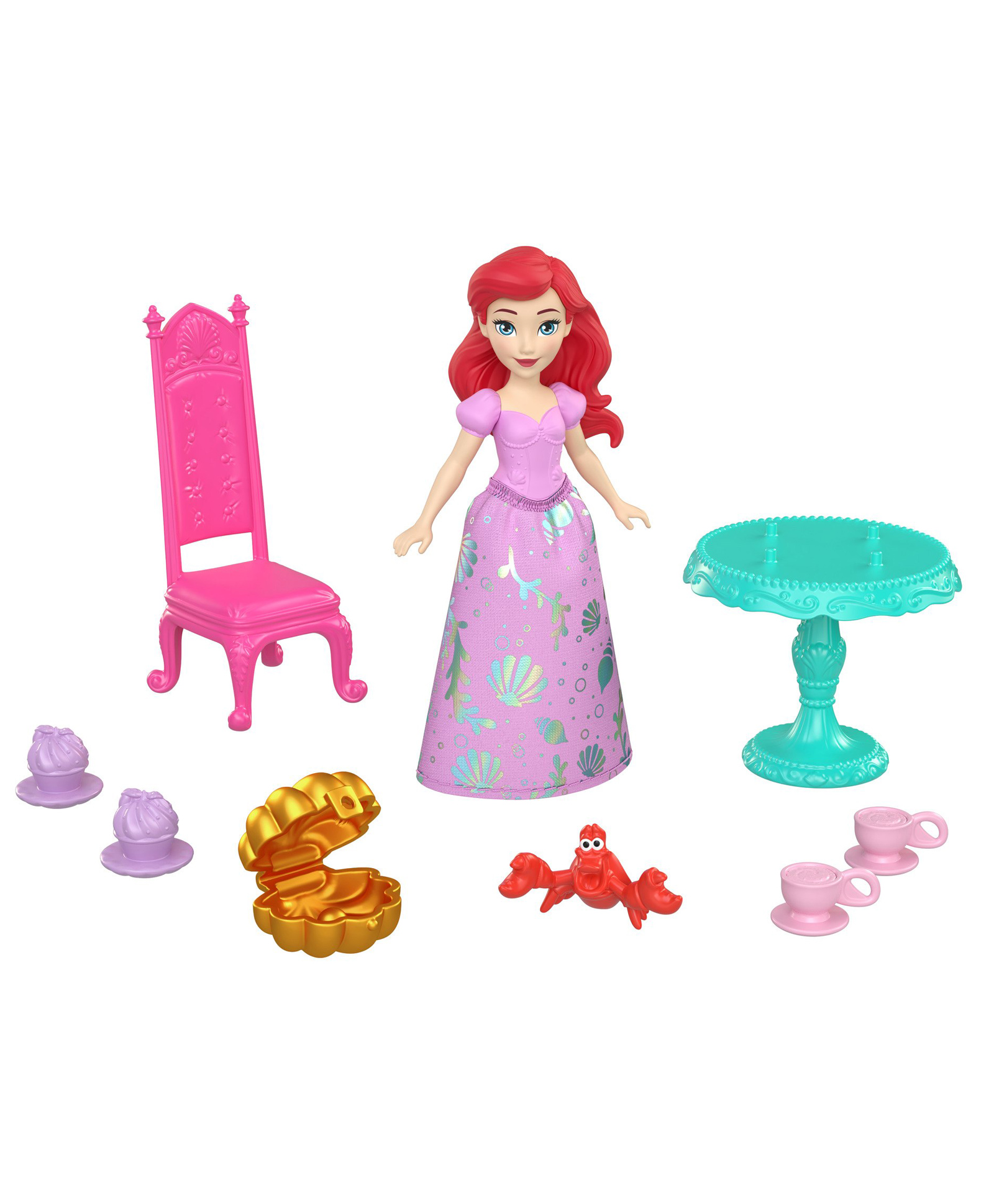 Disney Princess Ariel Small Doll Set Posable Doll with Sebastian Figure & Tea Party Accessories -Multicolor-image-45