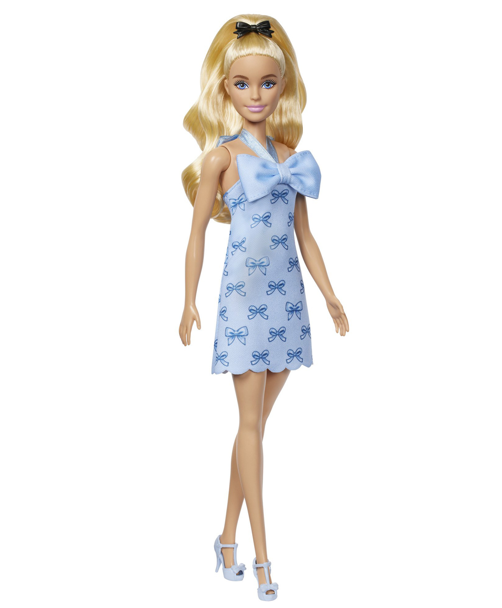 Barbie Fashionistas Doll #237 in Blue Bow Halter Dress, Blonde Ponytail with Bow Accessory - Height 31 cm