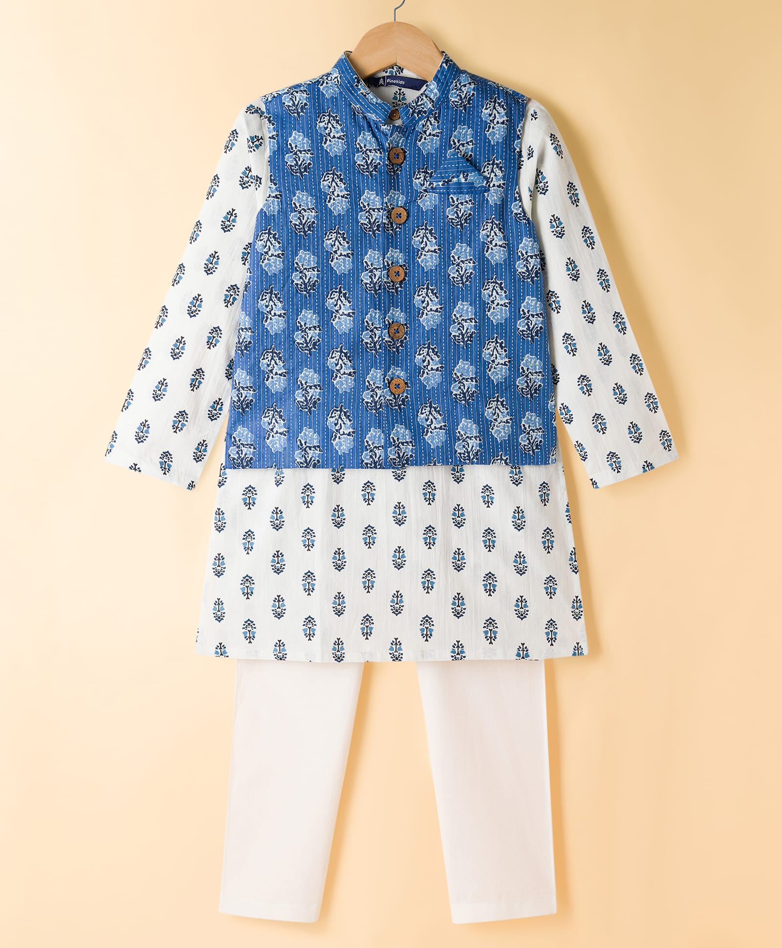 Pine Kids Cotton Woven Full Sleeves Kurta Pyjama Set With Floral Print & Nehru Jacket - White