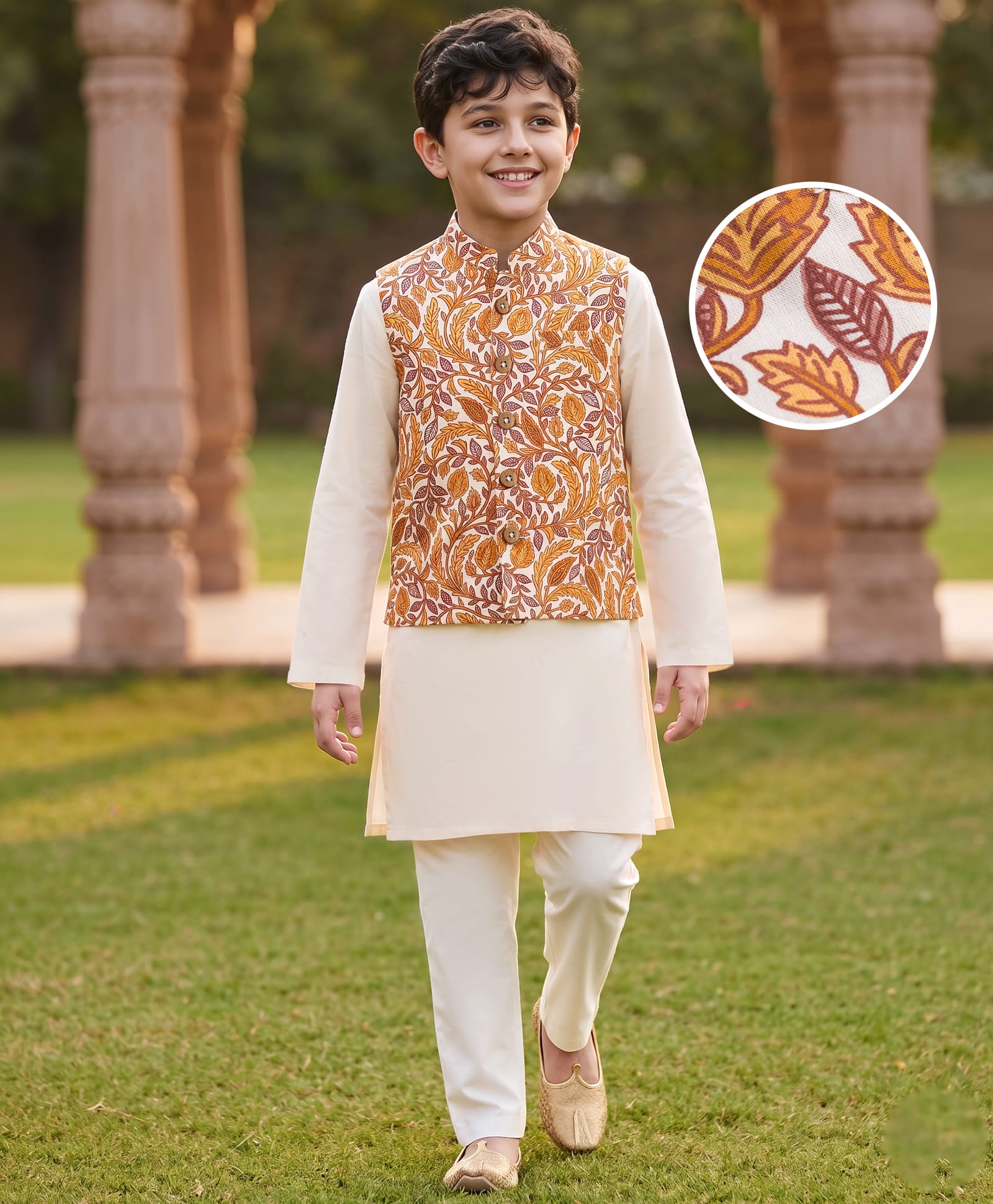 Pine Kids Cotton Woven Full Sleeves Kurta Pyjama Set With Floral Printed Nehru Jacket - Mustard-image-38