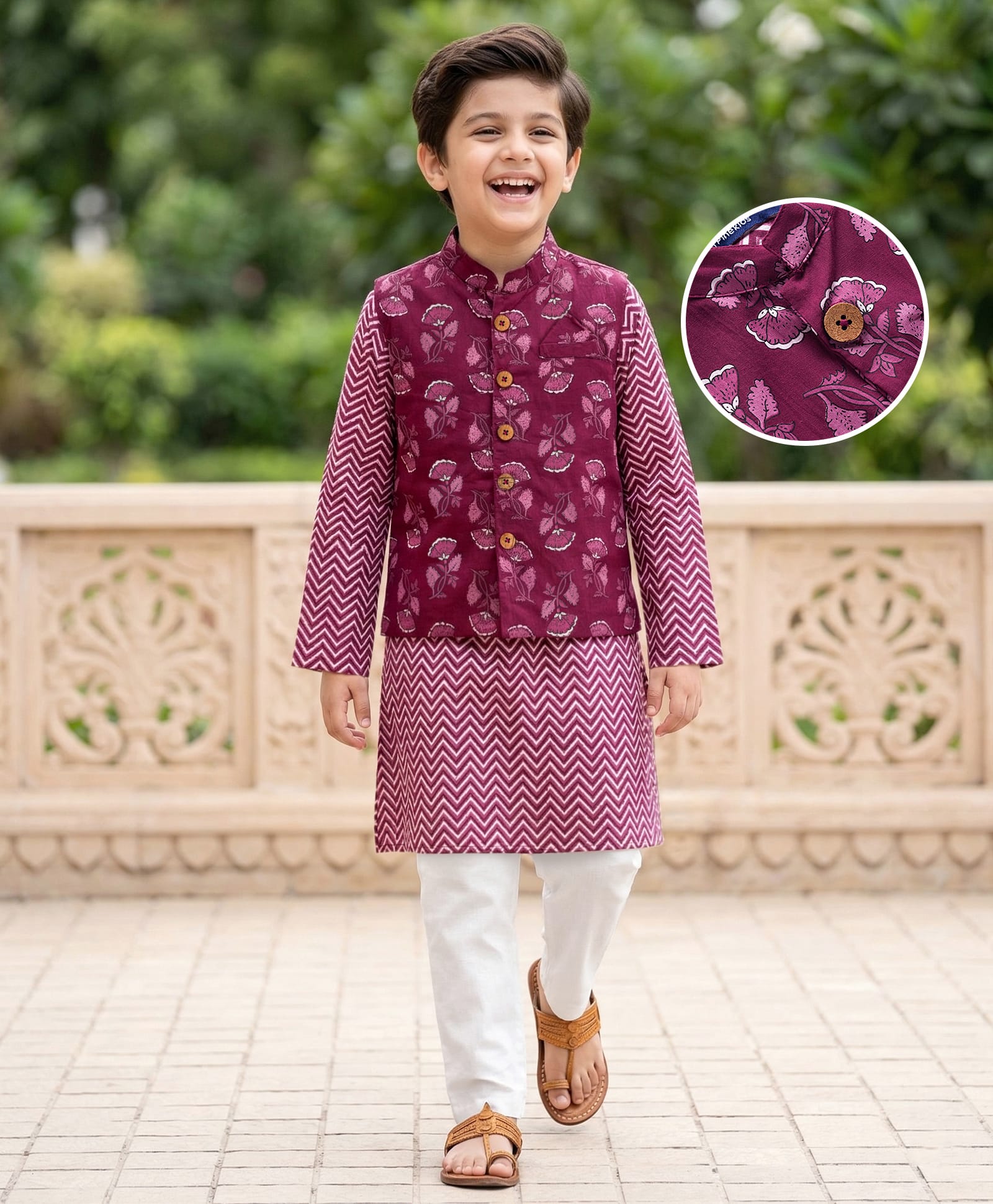 Pine Kids 100% Cotton Knit Full Sleeves Floral Printed Kurta & Pyjama Set With Jacket - Purple-image-25
