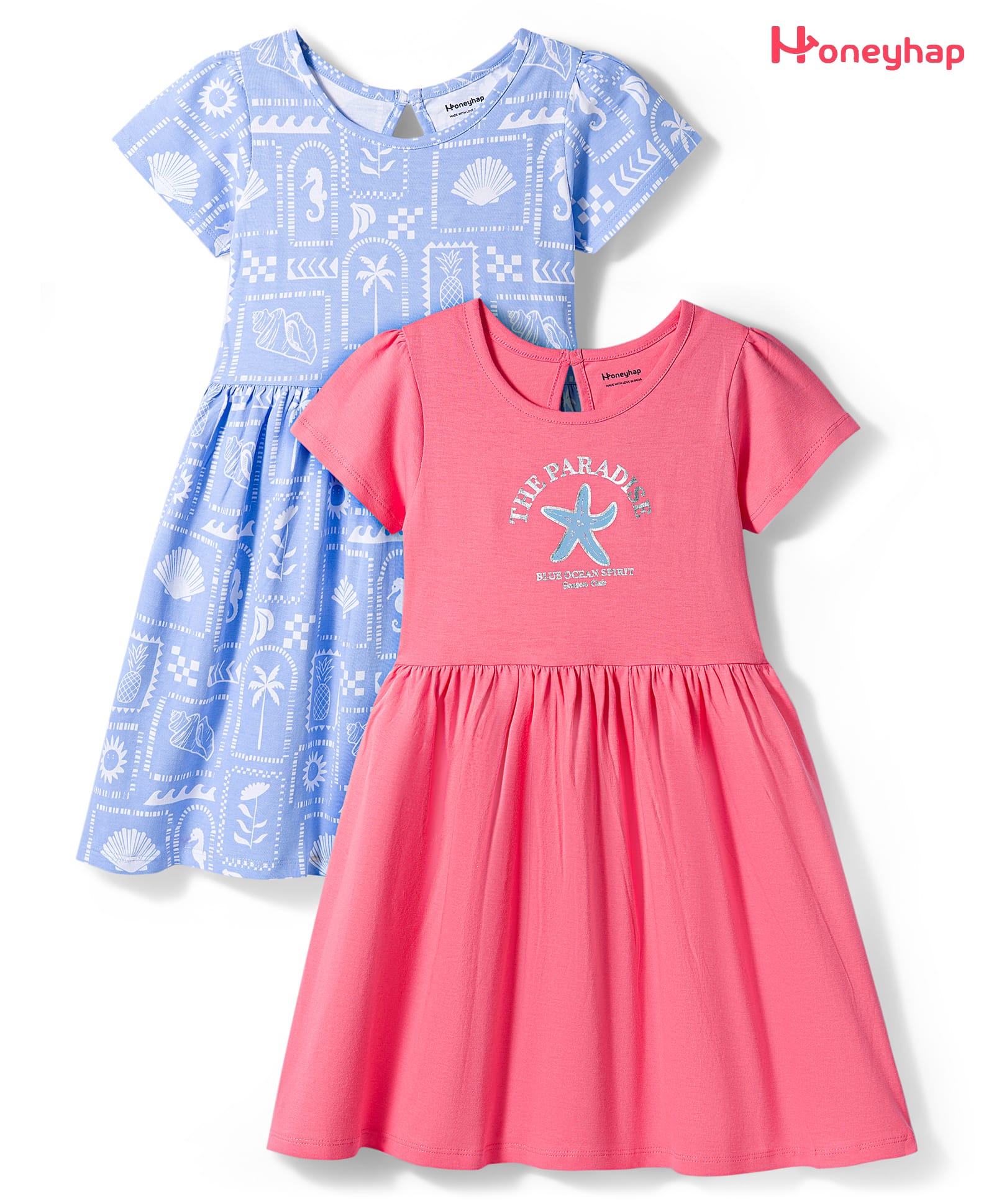 Honeyhap Premium 100% Cotton Knit With Bio Finish Half Sleeves Frocks With Tropical Theme Print Pack of 2 - Dutch Canal & Strawberry Pink-image-21