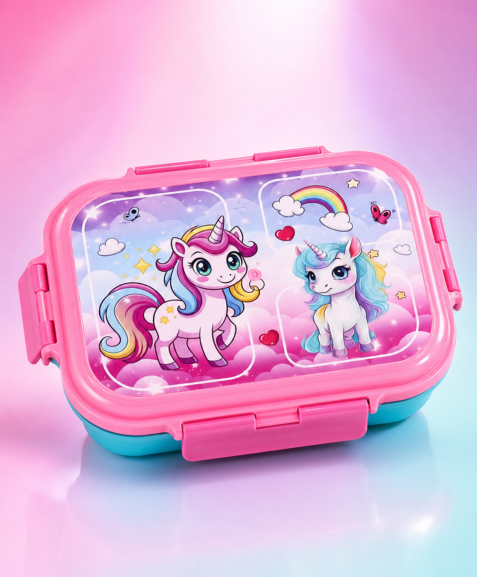 Babyhug Unicorn Print 3 Compartment Stainless Steel Big Size Lunch box|Airtight|BPA Free|100% Food Grade|Reusable|Recyclable|Perfect for School, Travel & Outdoors|575 ml- Pink-image-47