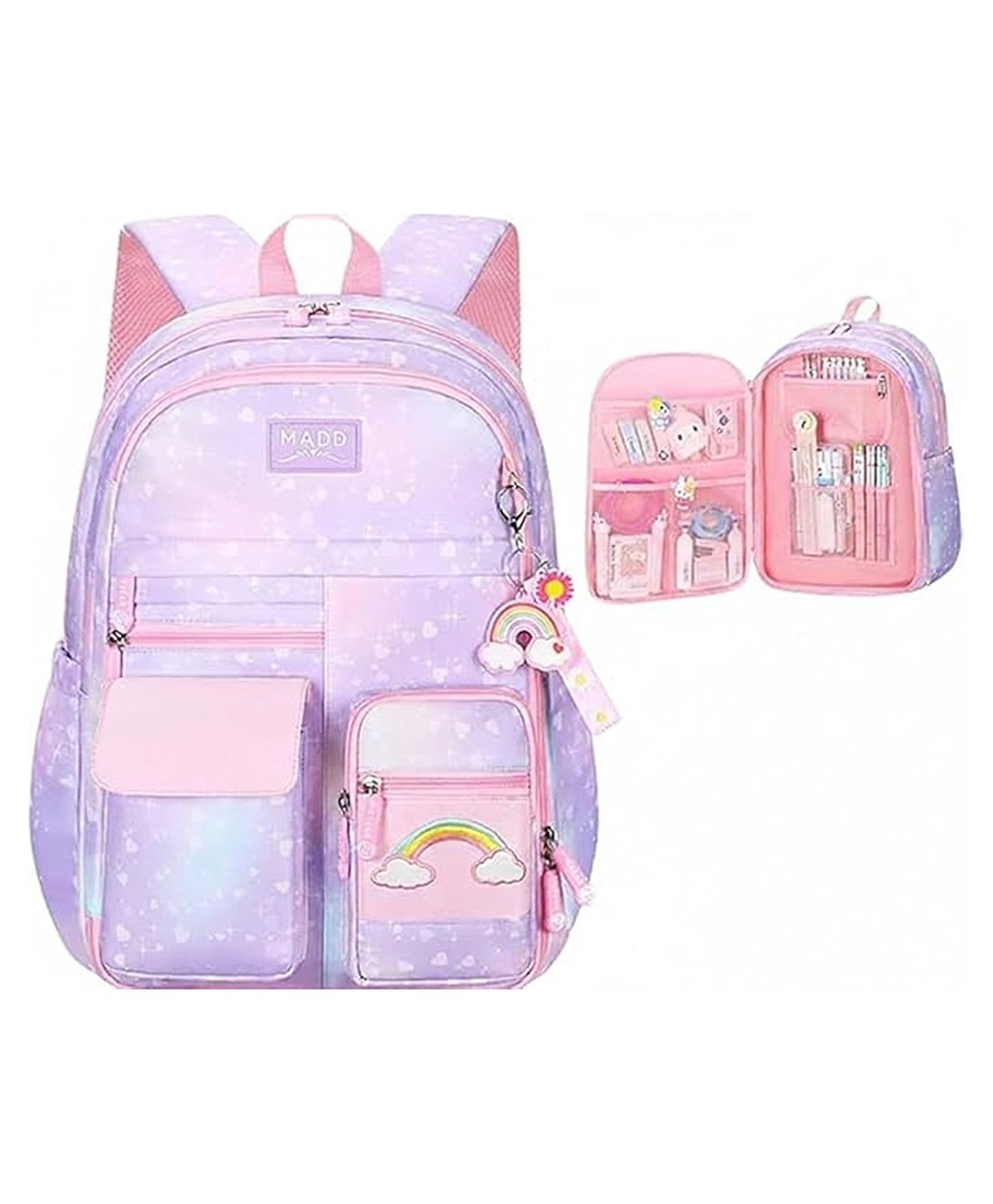 Happy Hues 12 Inches Rainbow Pastel 7.2L Kawaii School Backpack for Girls Ages 13 Years+ with Cute Rainbow Charm & Padded Straps-Lavender-image-33