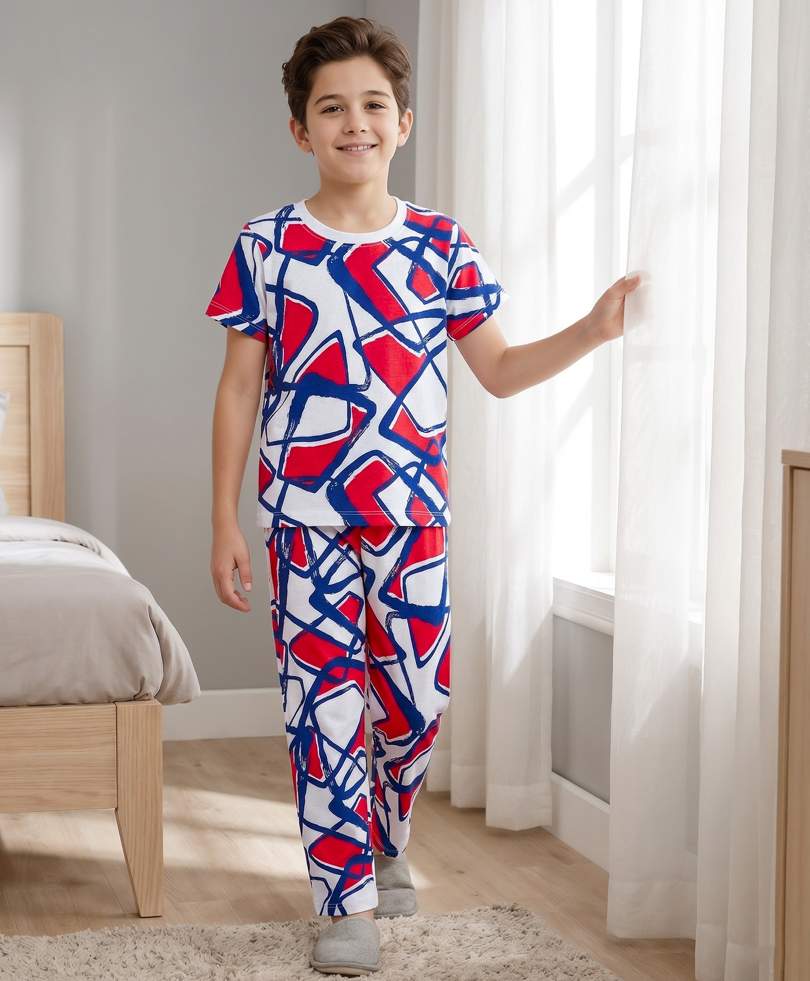 Pine Kids Cotton Knit Half Sleeves Printed Top & Pyjama Co-ord Night Suit - White-image-24