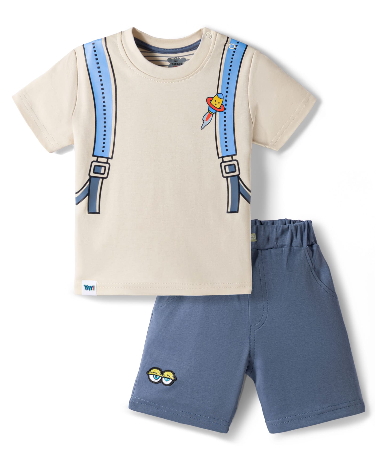 Mini Taurus Interlock Knit Half Sleeves T-Shirt & Shorts Set with Rocket Print - White-image-6