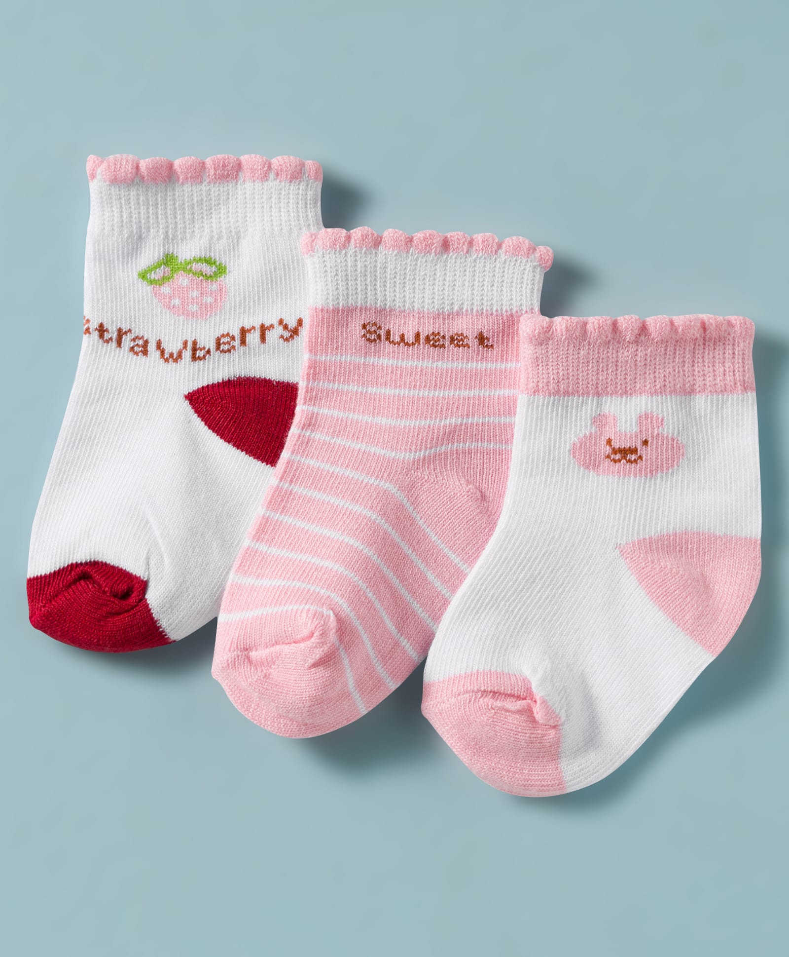 Doodle Poodle Cotton Knit Ankle Length Striped Socks With Bunny & Tropical Theme Design Pack Of 3 - White & Pink