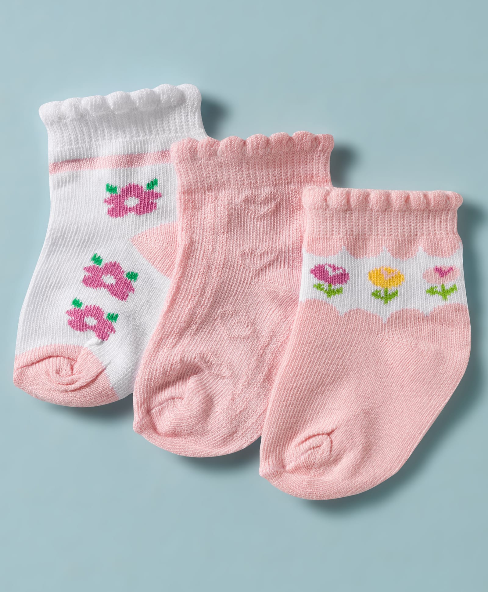 Doodle Poodle Cotton Knit Ankle Length Anti Skid Socks With Floral Design Pack Of 3 - White & Pink