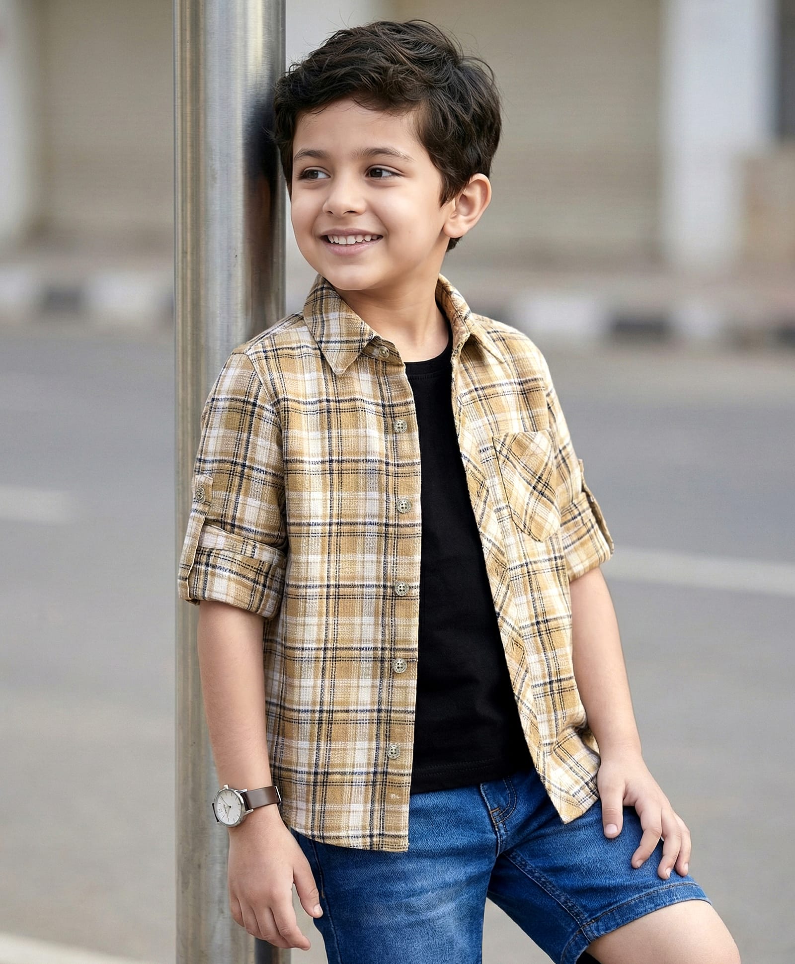 Rikidoos Cotton Woven Full Sleeves Checks Shirt With Attached Inner Tee - Khaki & Navy Blue-image-45