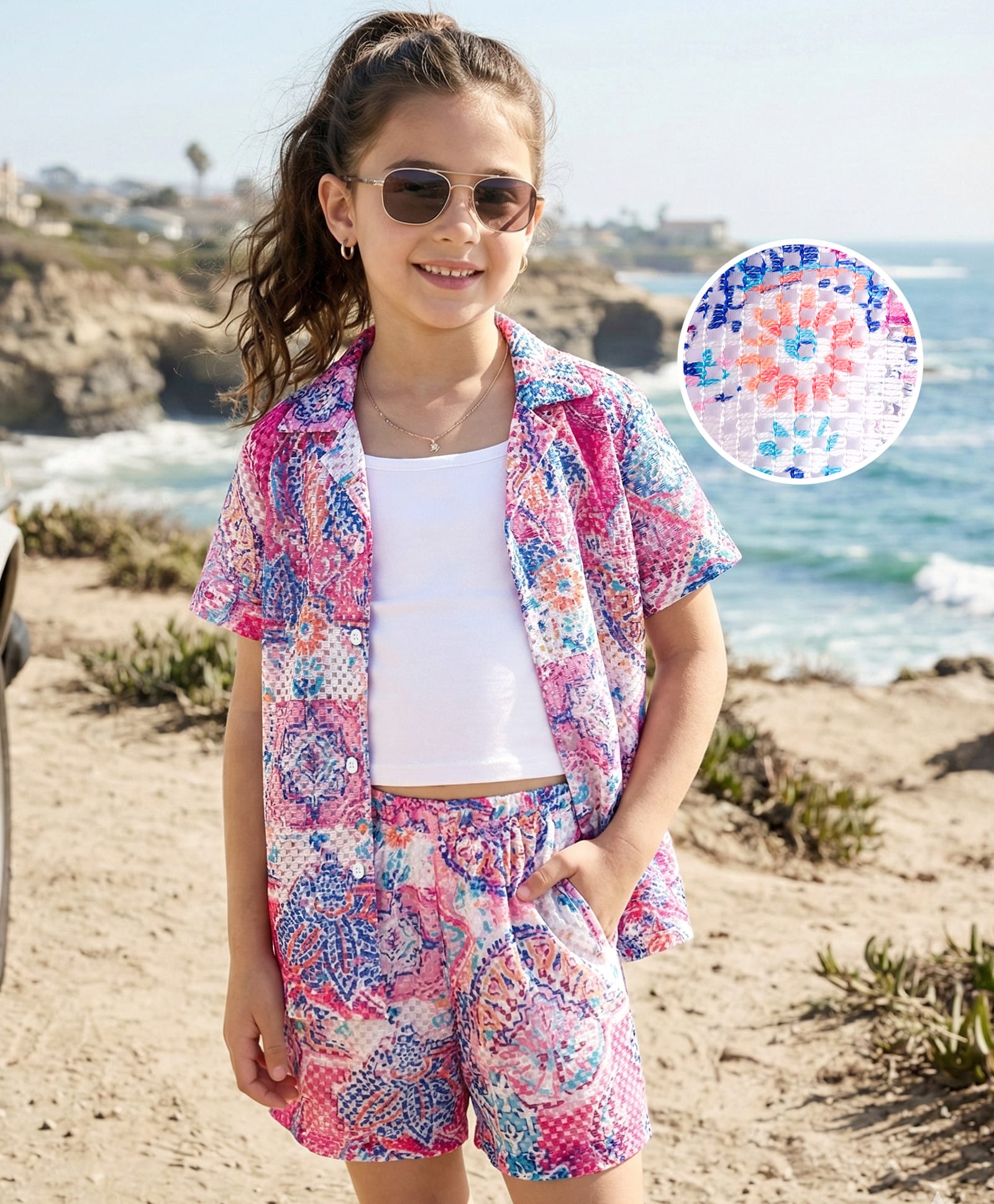 OLLINGTON ST. Woven Crotchet Half Sleeves Printed Shirt & Shorts Set With Inner Knit Top - Multicolor-image-20