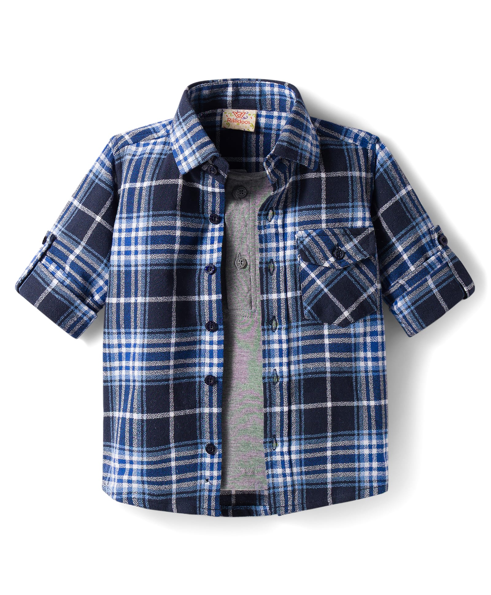 Rikidoos Cotton Woven Full Sleeves Checks Shirt With Attached T-Shirt - Navy Blue & Grey-image-26